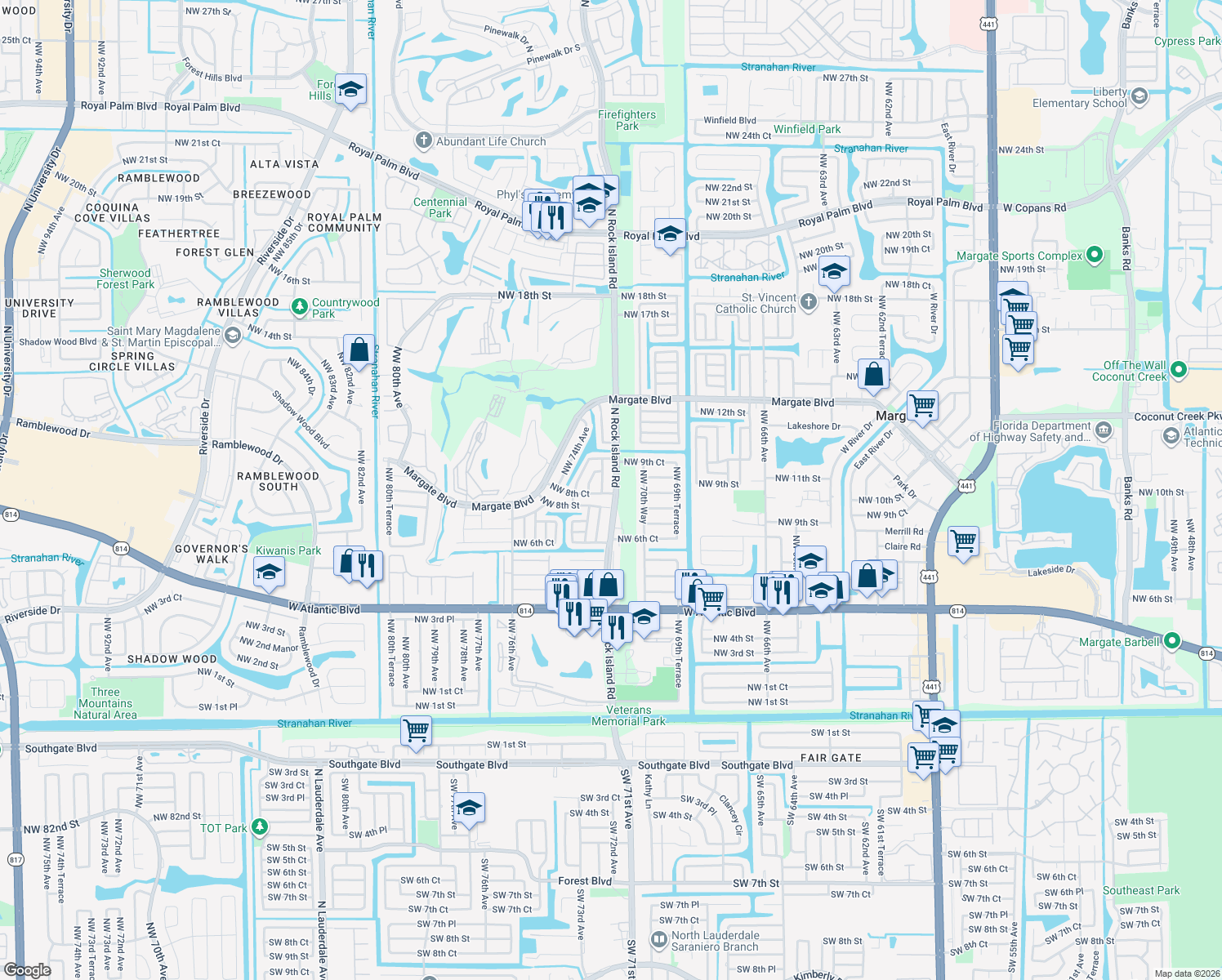 map of restaurants, bars, coffee shops, grocery stores, and more near 1005 North Rock Island Road in Margate