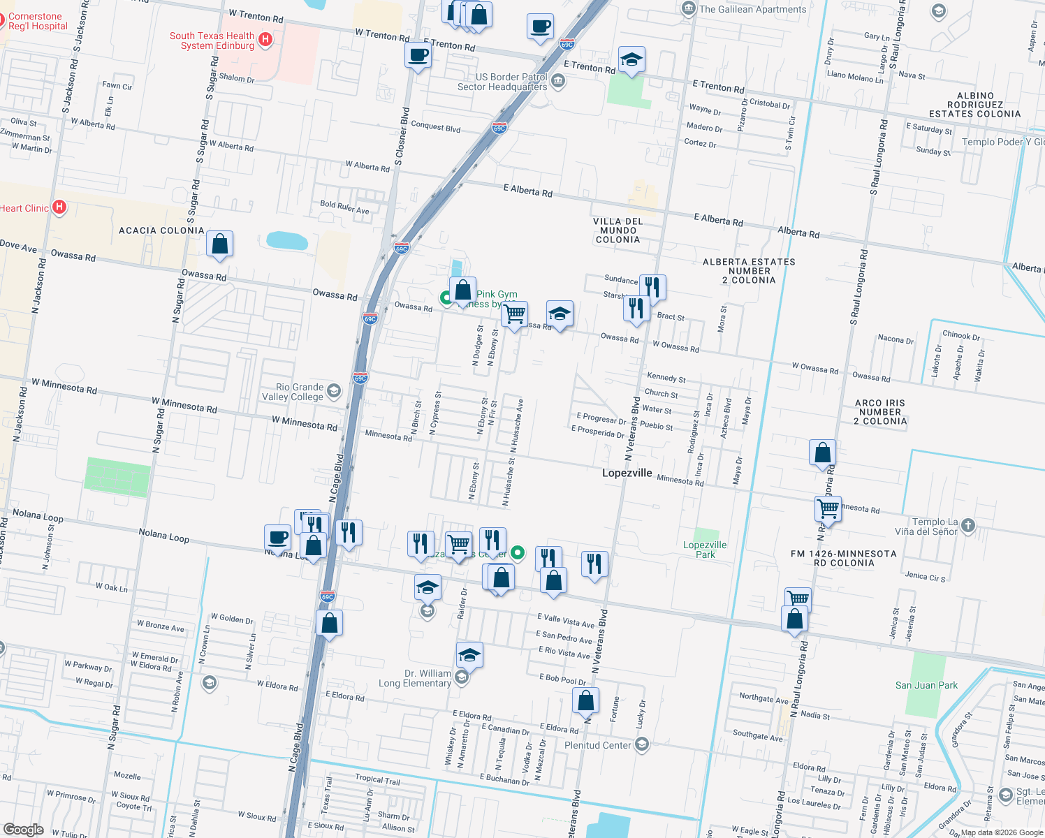 map of restaurants, bars, coffee shops, grocery stores, and more near 5502 North Huisache Avenue in Pharr