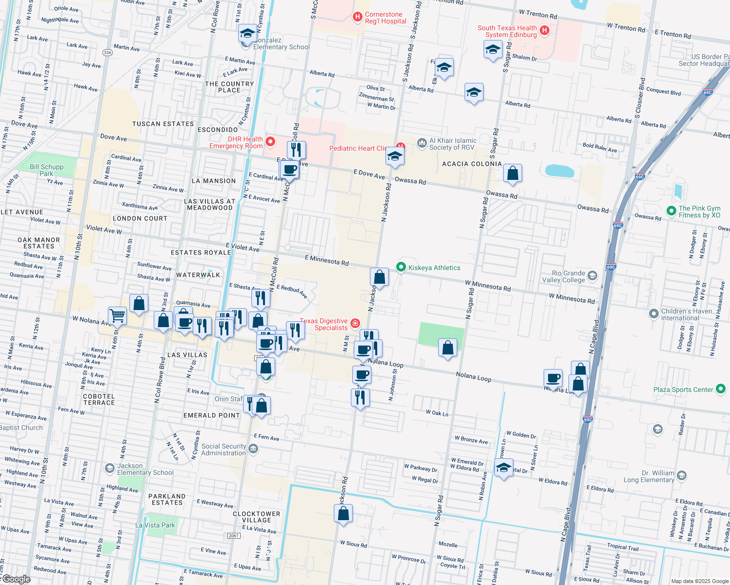 map of restaurants, bars, coffee shops, grocery stores, and more near 4603 North Jackson Road in McAllen
