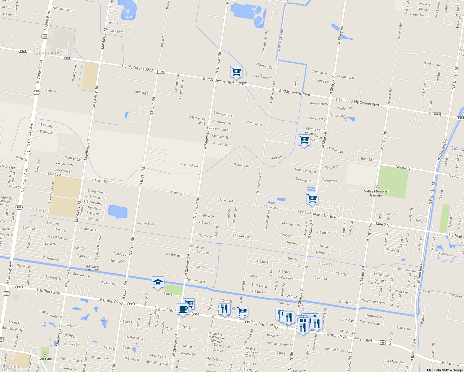 map of restaurants, bars, coffee shops, grocery stores, and more near 3221 N Glasscock Rd in Mission