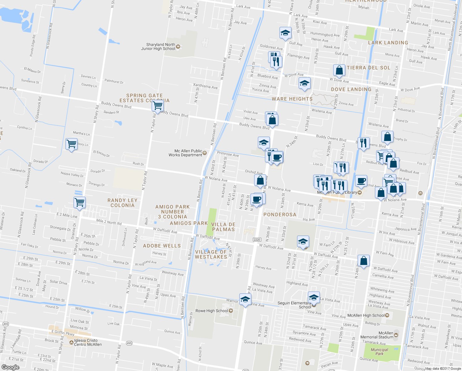 map of restaurants, bars, coffee shops, grocery stores, and more near 4101 West Nolana Avenue in McAllen