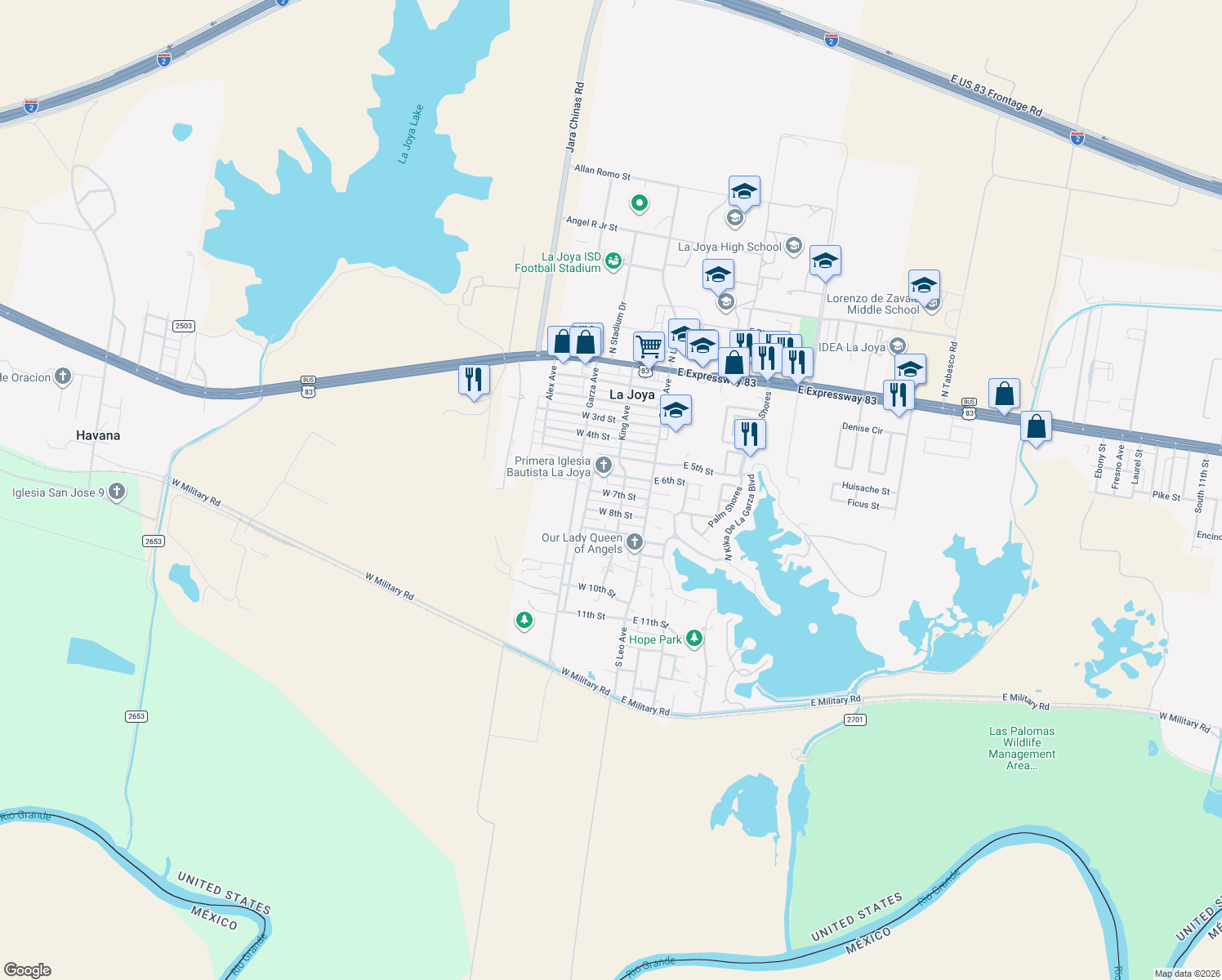 map of restaurants, bars, coffee shops, grocery stores, and more near 212 West 7th Street in La Joya