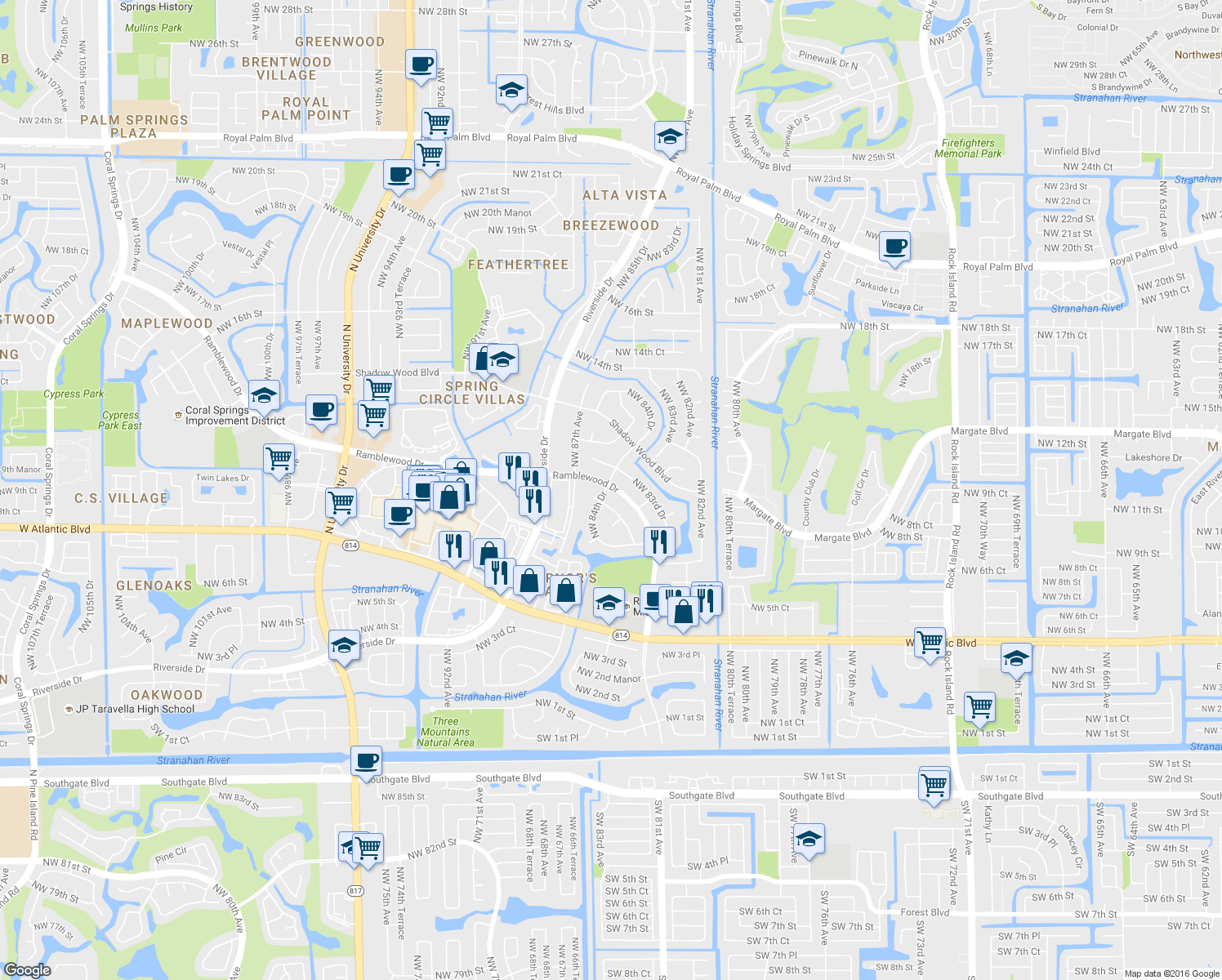 map of restaurants, bars, coffee shops, grocery stores, and more near 998 Ramblewood Drive in Coral Springs