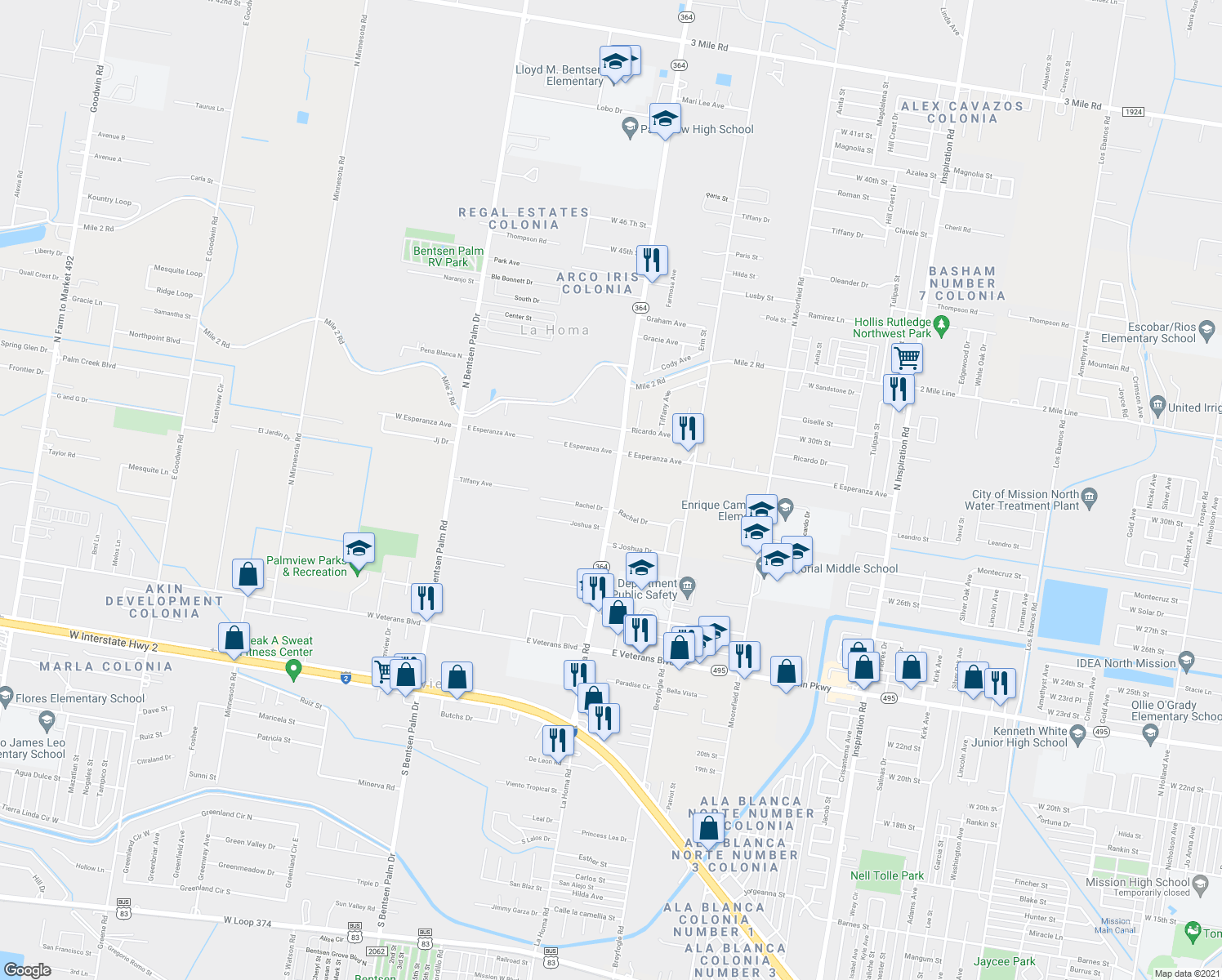 map of restaurants, bars, coffee shops, grocery stores, and more near 1215 Texas 364 in Mission