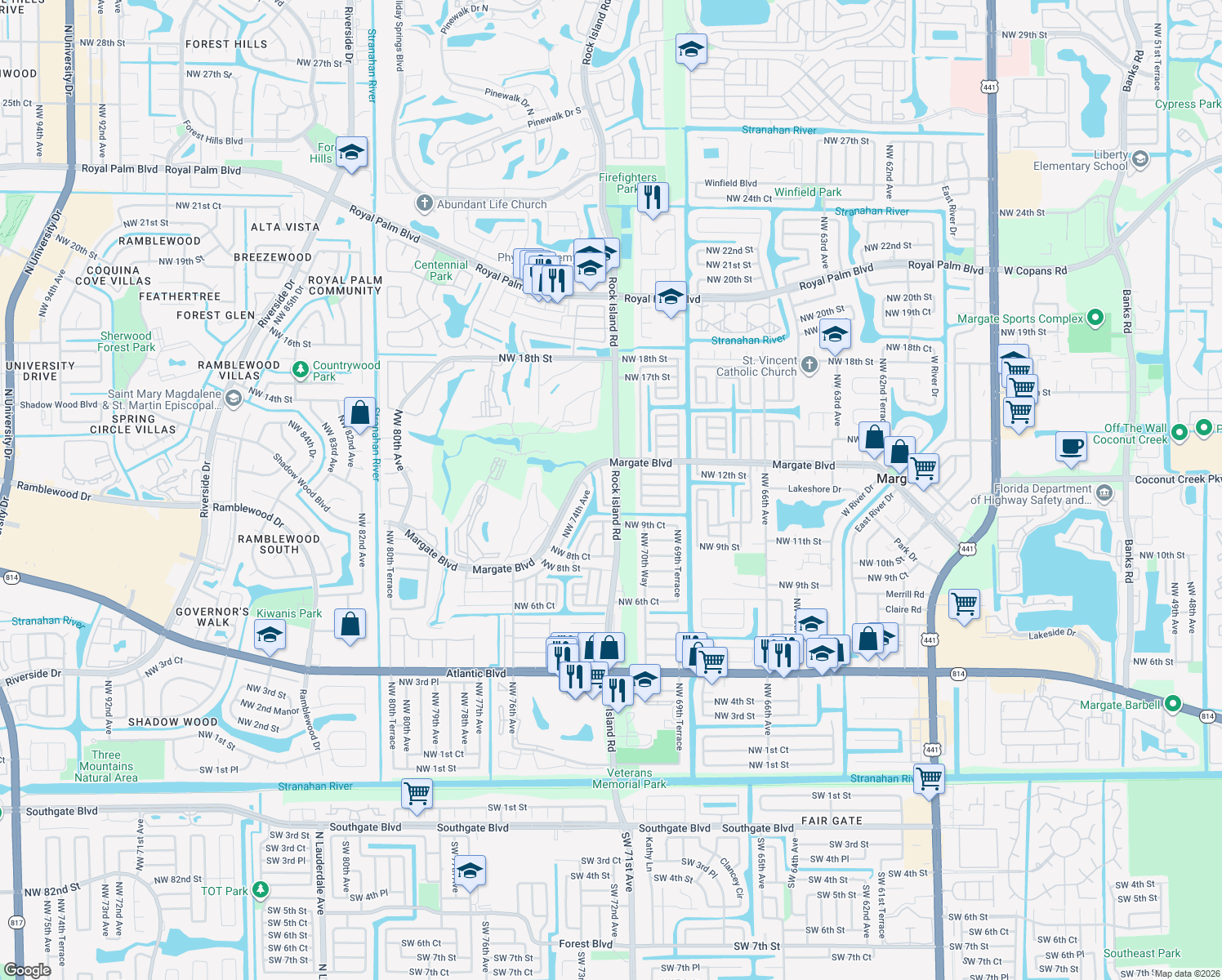 map of restaurants, bars, coffee shops, grocery stores, and more near 1145 North Rock Island Road in Margate