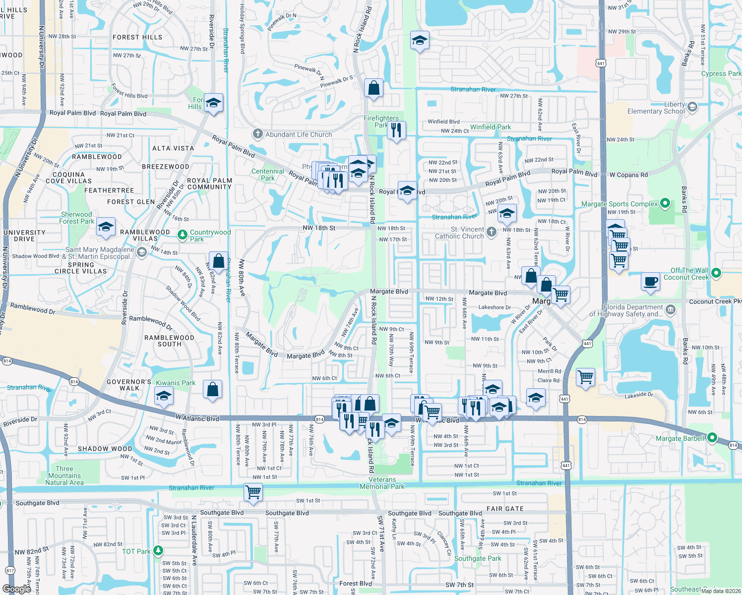 map of restaurants, bars, coffee shops, grocery stores, and more near 1195 North Rock Island Road in Margate