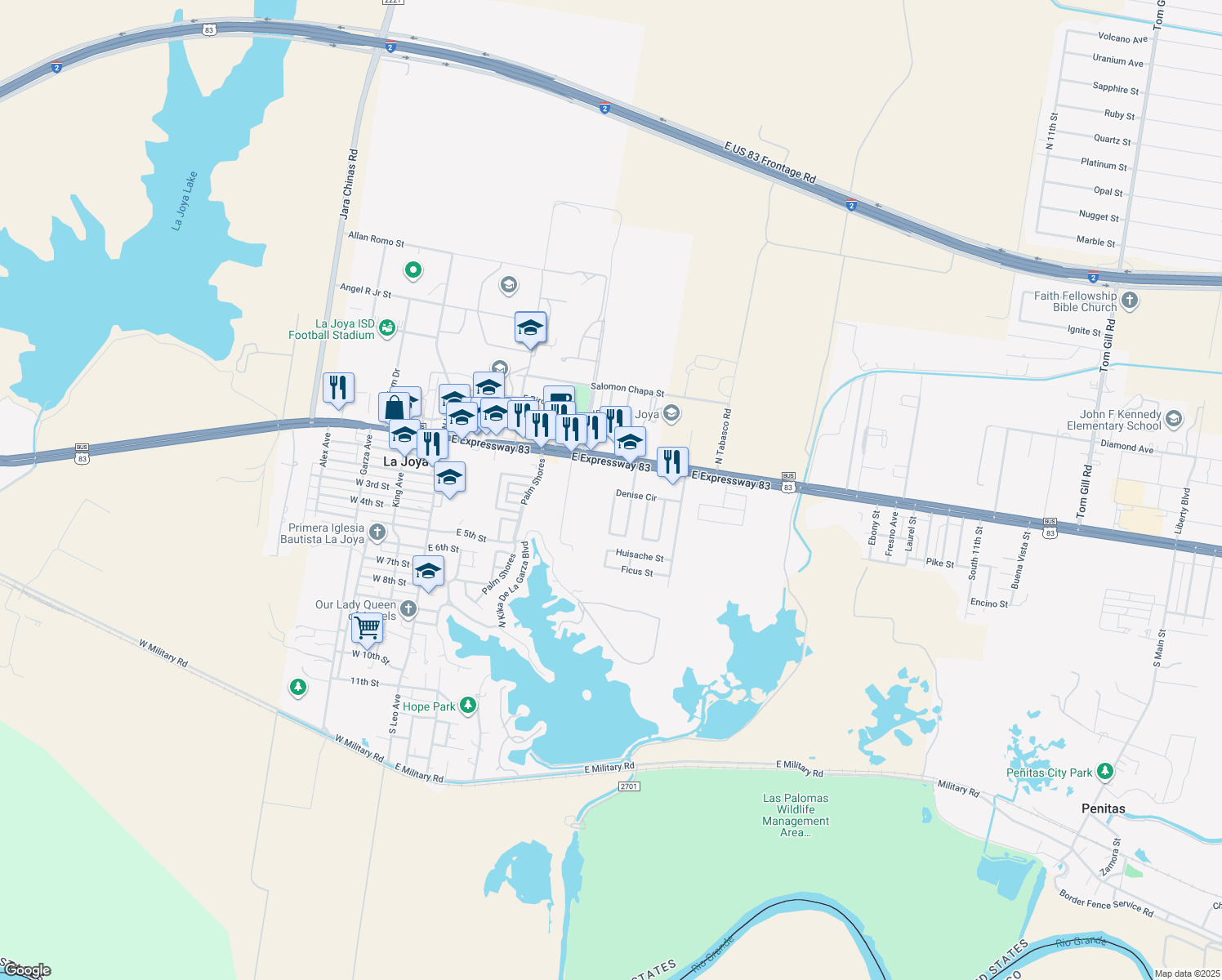 map of restaurants, bars, coffee shops, grocery stores, and more near 701 Denise Circle in La Joya