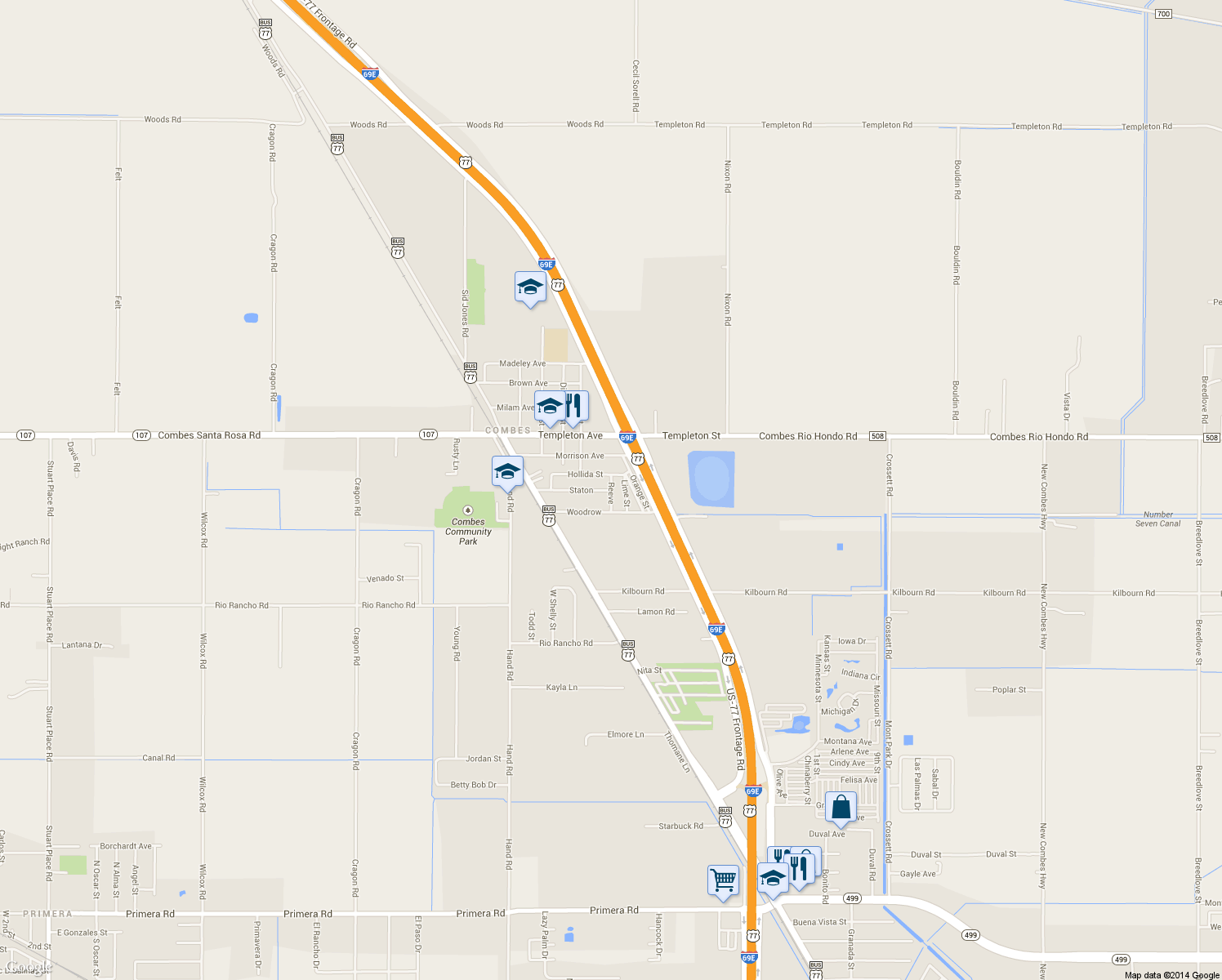 map of restaurants, bars, coffee shops, grocery stores, and more near 508 Staton in Harlingen