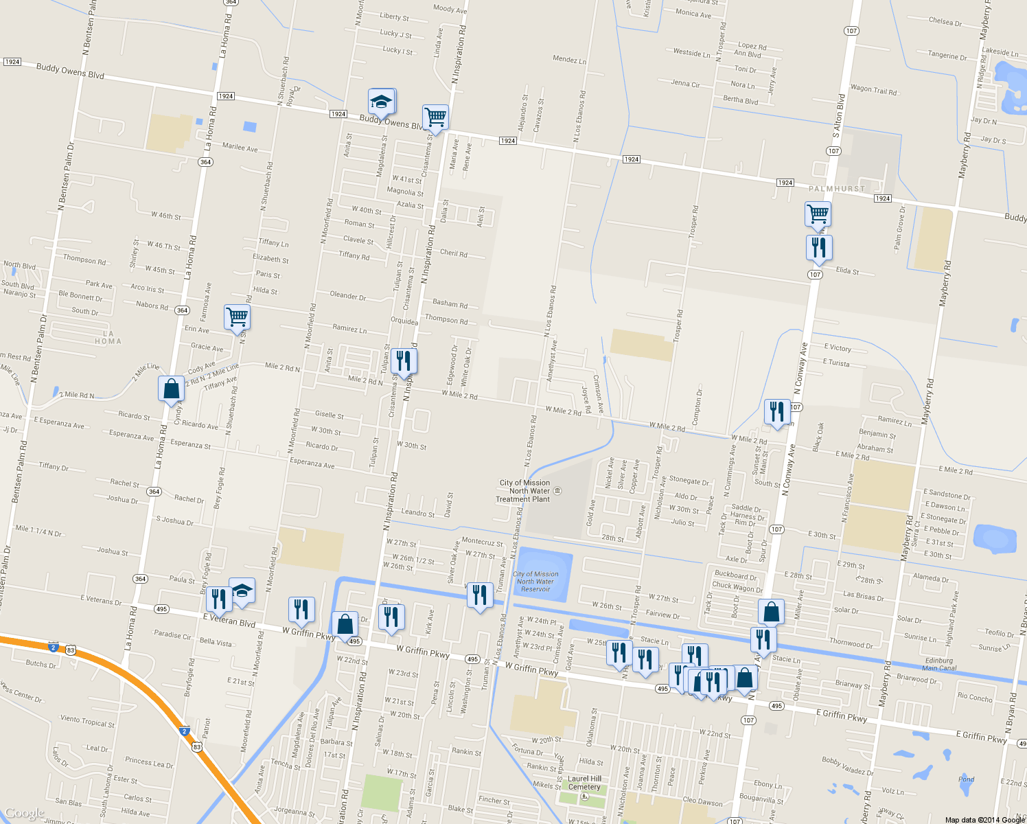 map of restaurants, bars, coffee shops, grocery stores, and more near 1401 West Mile 2 Road in Mission