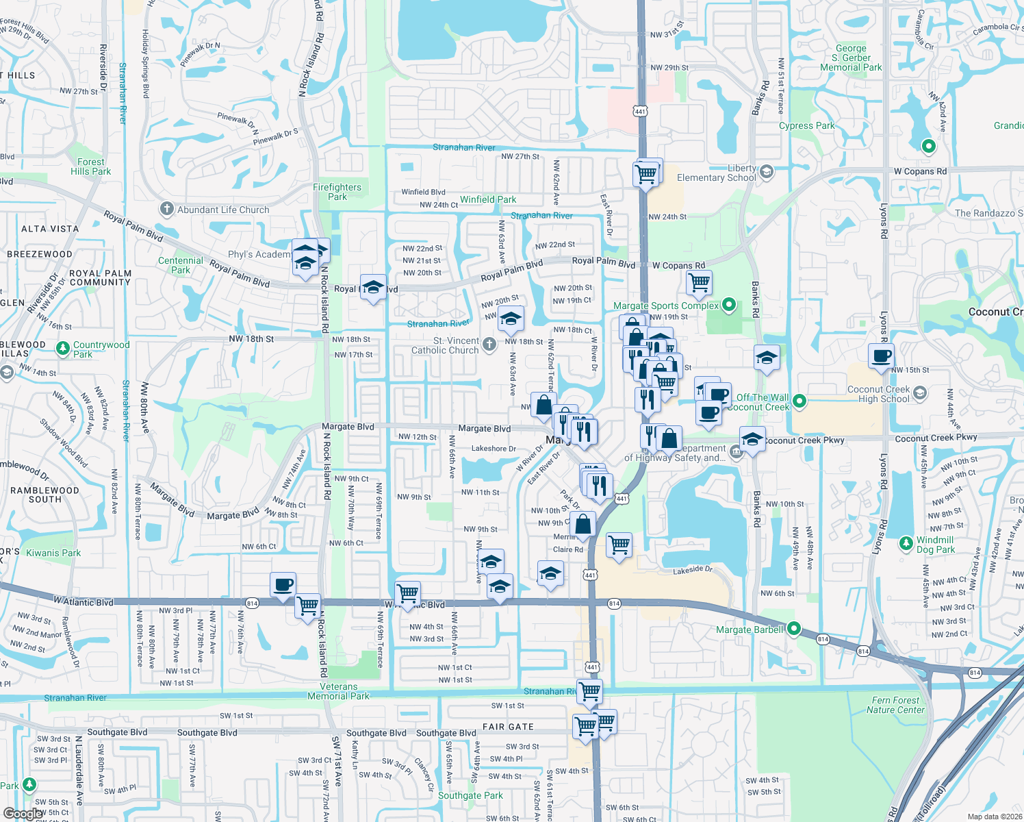 map of restaurants, bars, coffee shops, grocery stores, and more near 6298 Northwest 15th Street in Margate