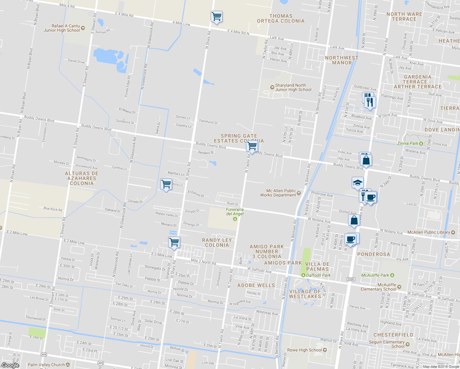 map of restaurants, bars, coffee shops, grocery stores, and more near 4205 North Taylor Road in Mission