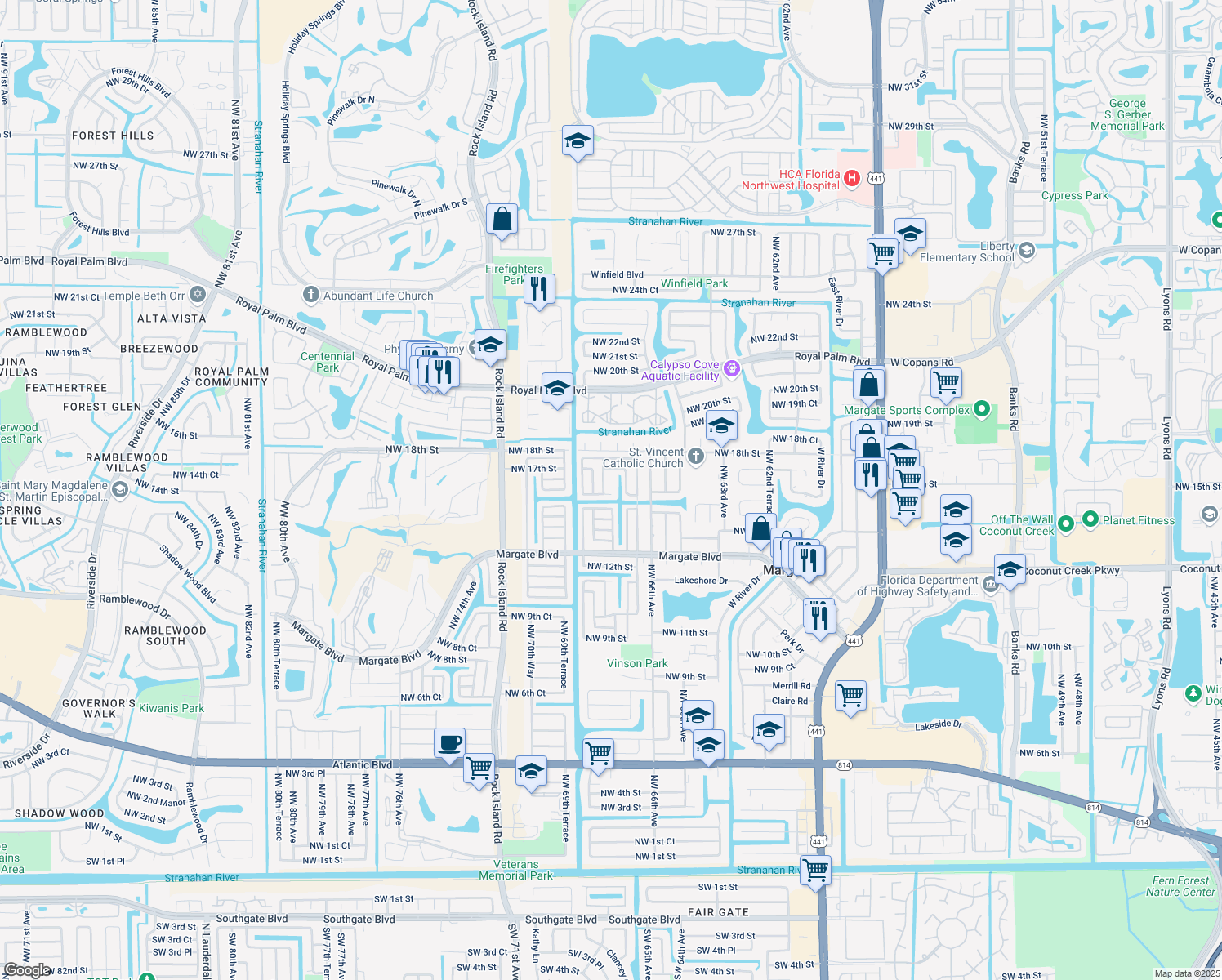 map of restaurants, bars, coffee shops, grocery stores, and more near 6775 Northwest 16th Street in Margate