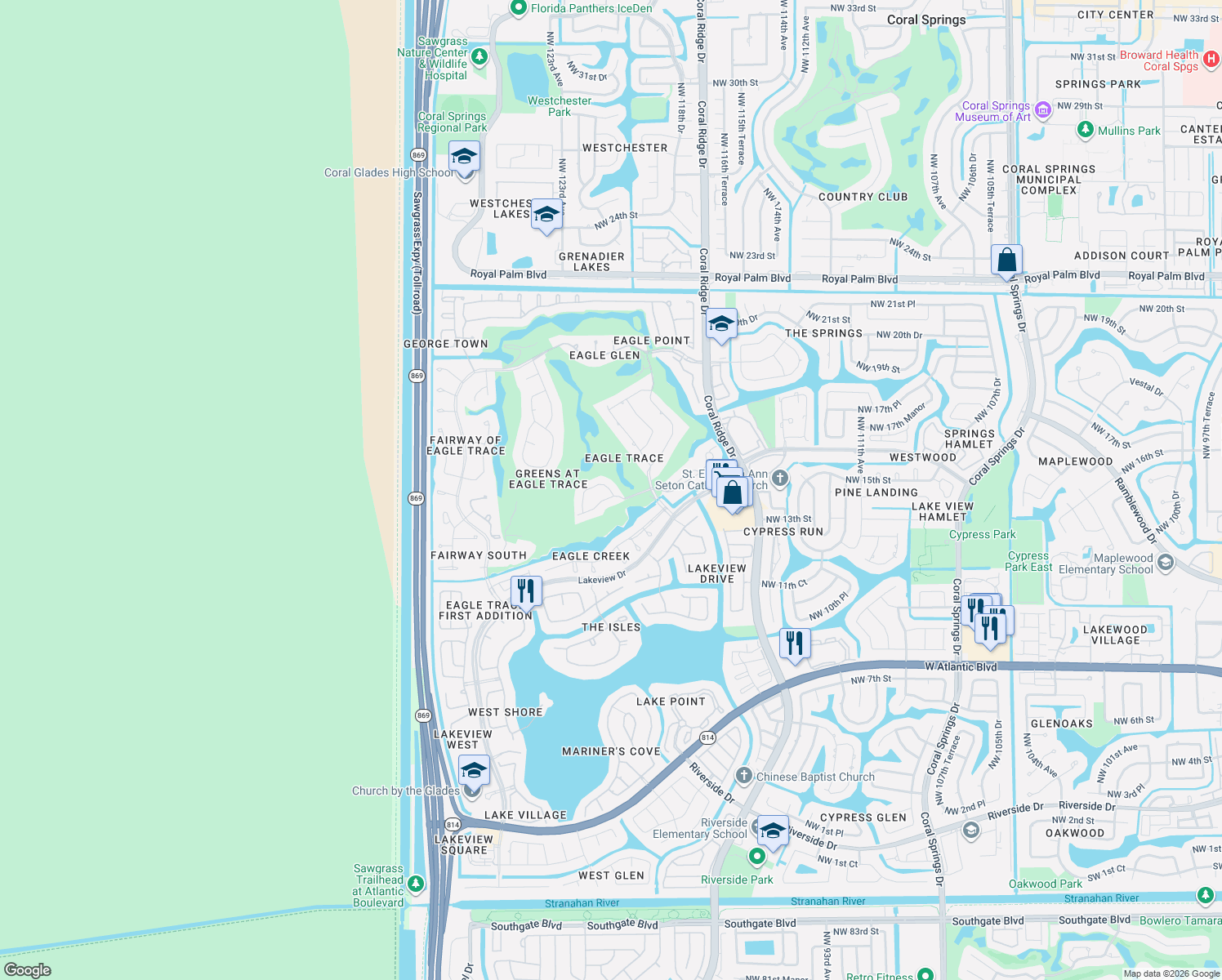 map of restaurants, bars, coffee shops, grocery stores, and more near 1513 Northwest 121st Drive in Coral Springs