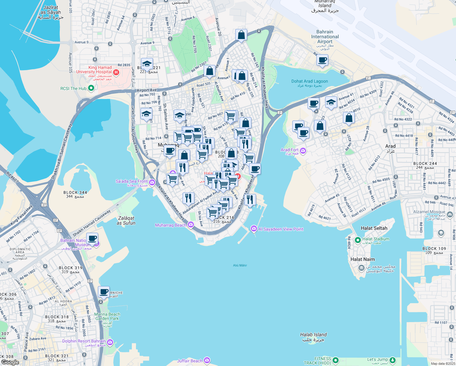 map of restaurants, bars, coffee shops, grocery stores, and more near Abdulrahman Al Fadhel Avenue in Muharraq