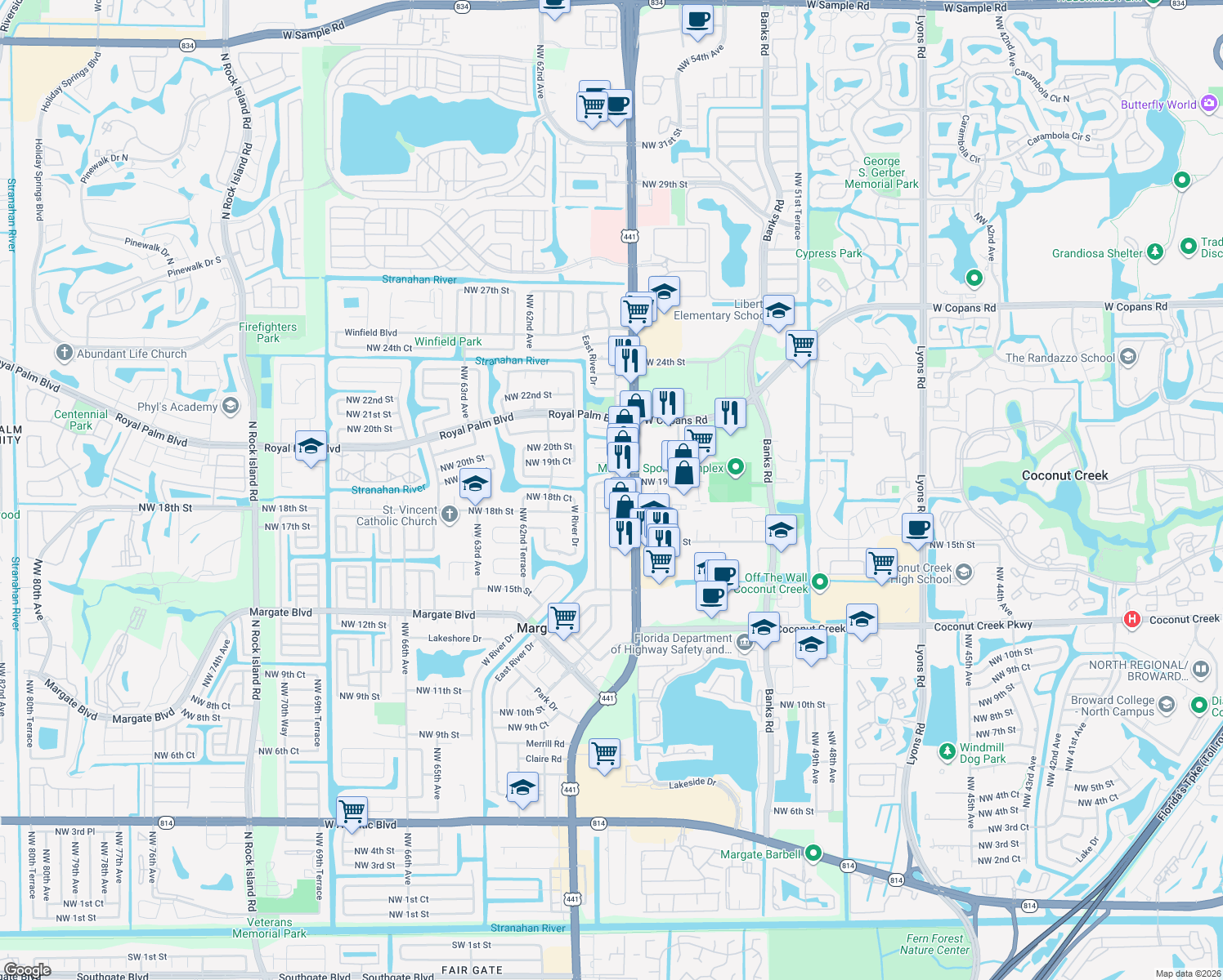 map of restaurants, bars, coffee shops, grocery stores, and more near 5805 Northwest 18th Court in Margate
