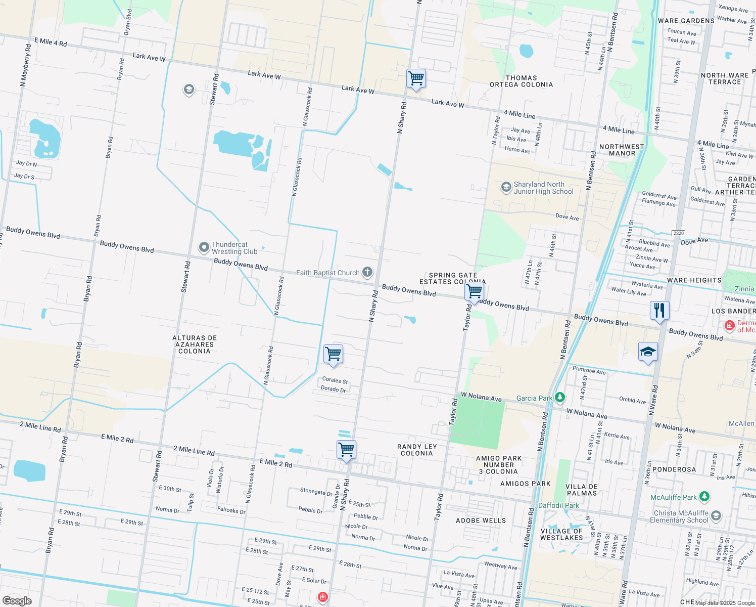map of restaurants, bars, coffee shops, grocery stores, and more near 2400 Sendero Street in Mission