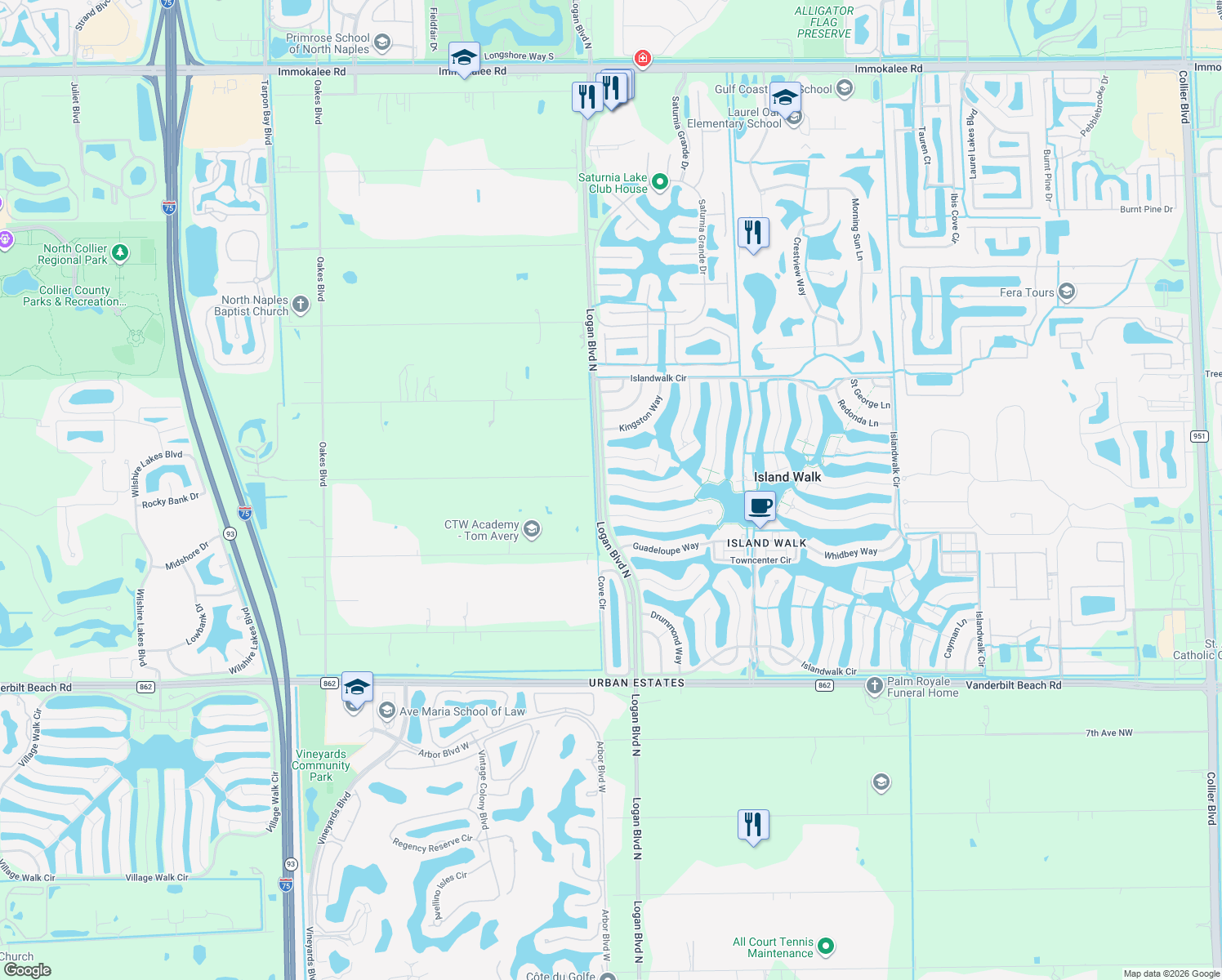 map of restaurants, bars, coffee shops, grocery stores, and more near 5100 Inagua Way in Naples
