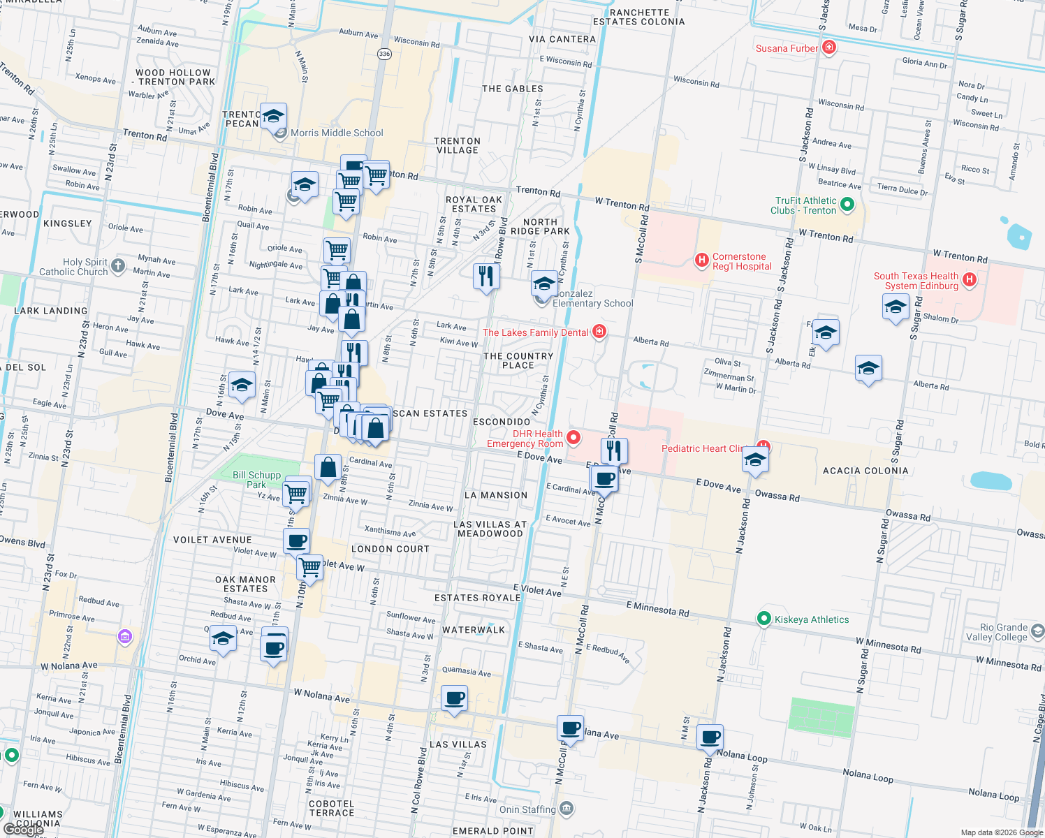 map of restaurants, bars, coffee shops, grocery stores, and more near 5905 N Cynthia St in McAllen