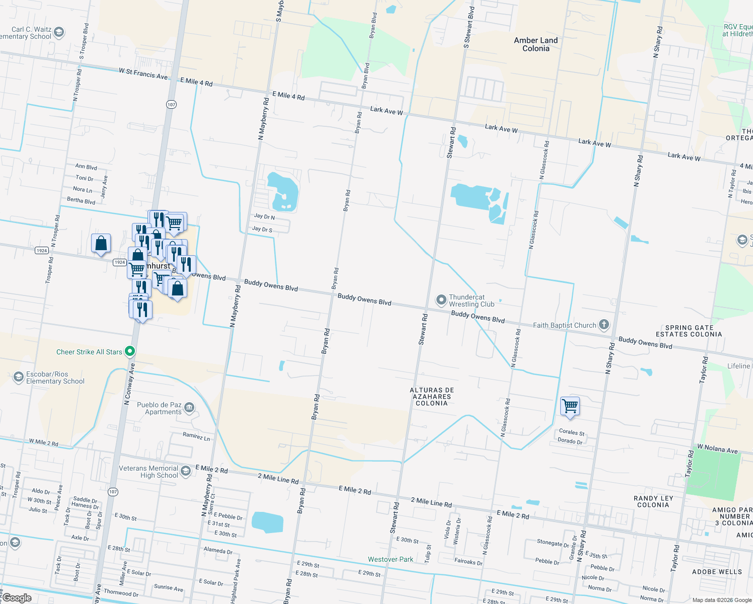 map of restaurants, bars, coffee shops, grocery stores, and more near 1401 East Mile 3 Road in Palmhurst