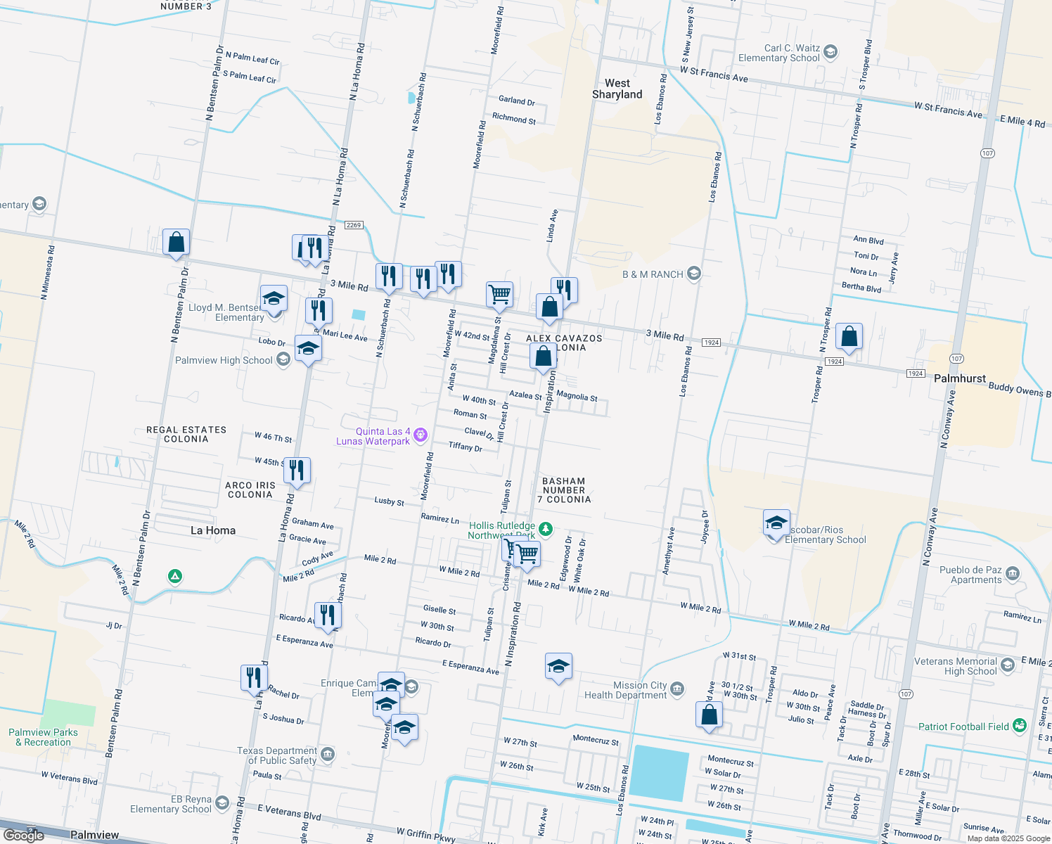 map of restaurants, bars, coffee shops, grocery stores, and more near 3907 Crisantema St in Mission