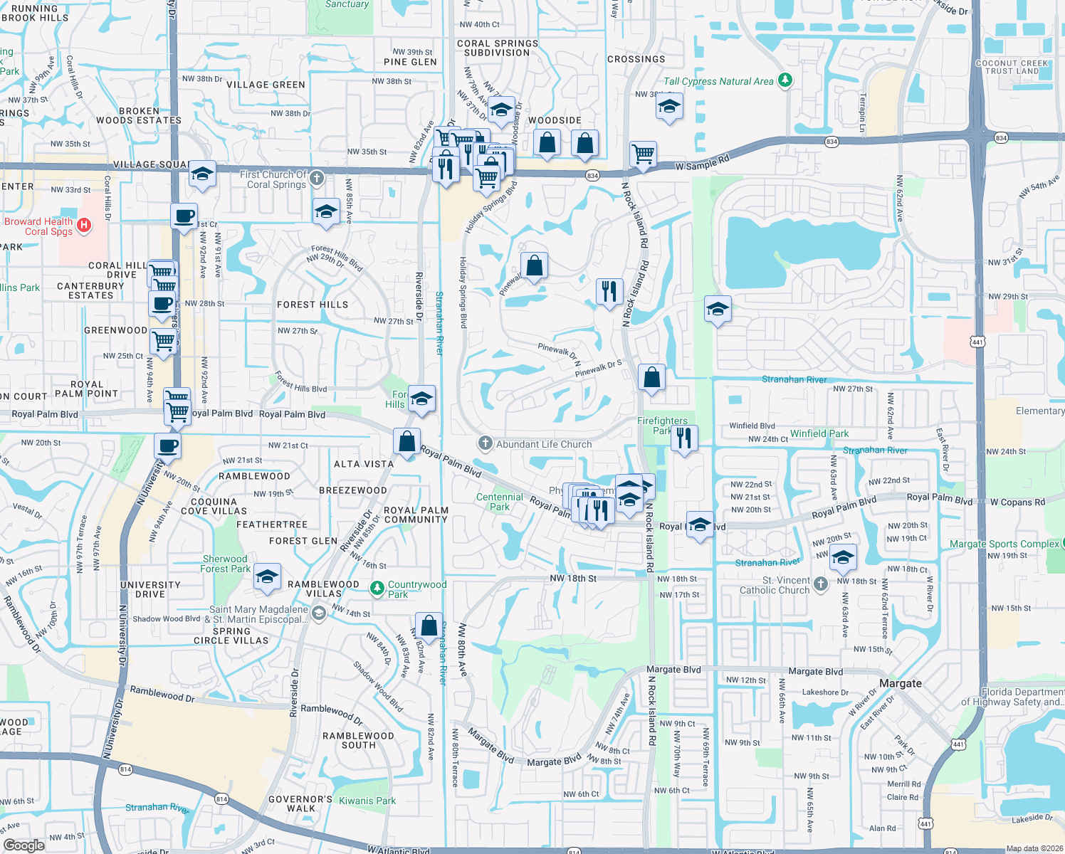 map of restaurants, bars, coffee shops, grocery stores, and more near 7697 Northwest 25th Street in Margate