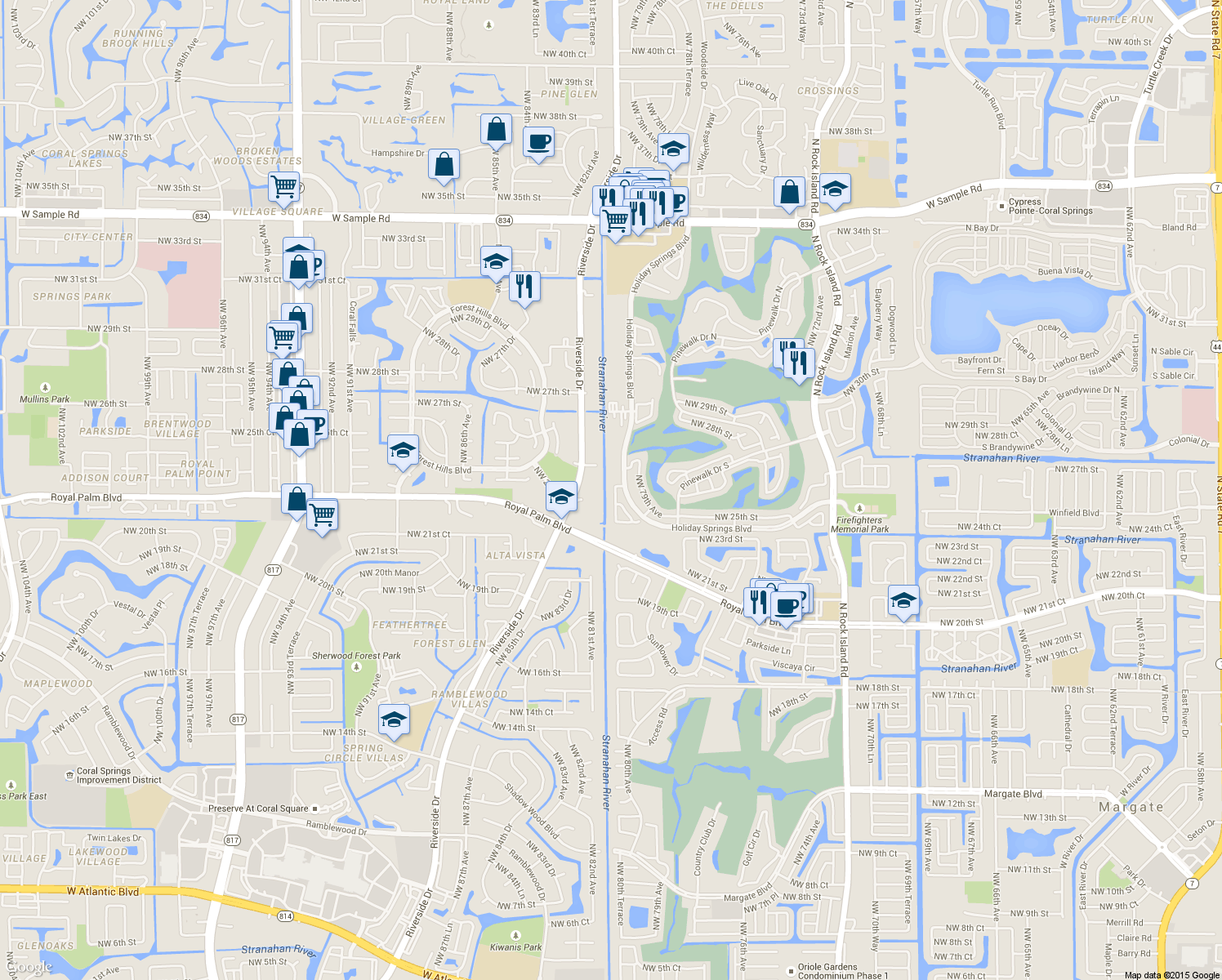 map of restaurants, bars, coffee shops, grocery stores, and more near 2640 Northwest 80th Avenue in Margate