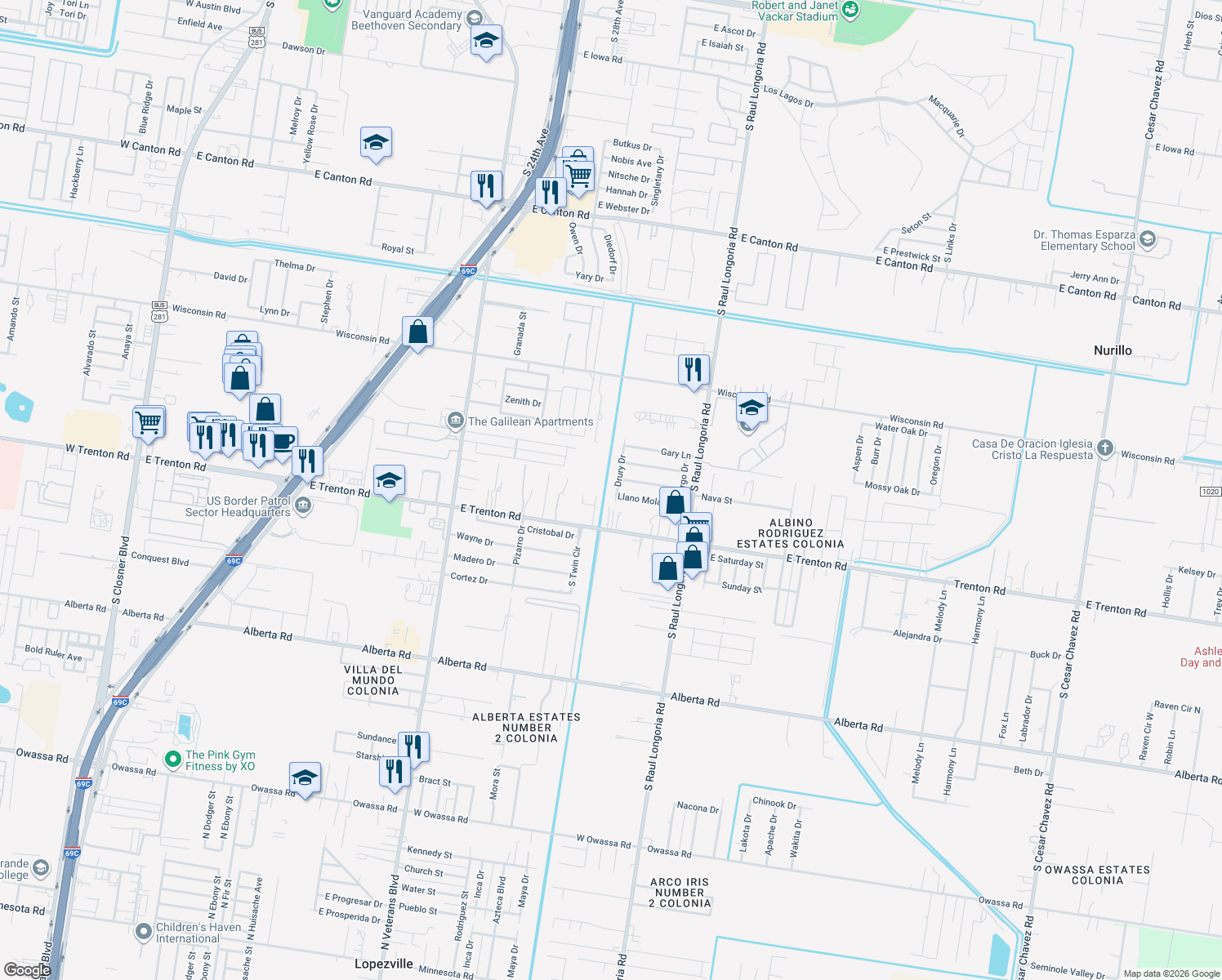 map of restaurants, bars, coffee shops, grocery stores, and more near 4023 Drury Drive in Edinburg