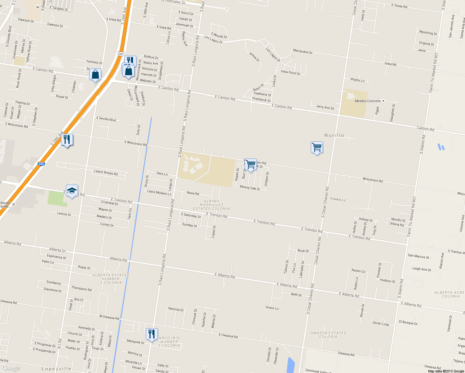 map of restaurants, bars, coffee shops, grocery stores, and more near 3823 Aspen Dr in Edinburg