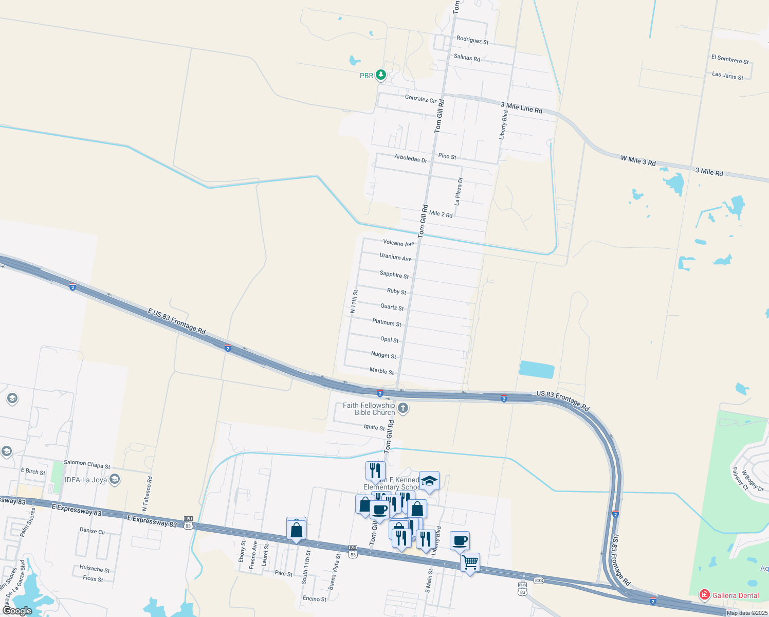 map of restaurants, bars, coffee shops, grocery stores, and more near 1400 Quartz Street in Penitas