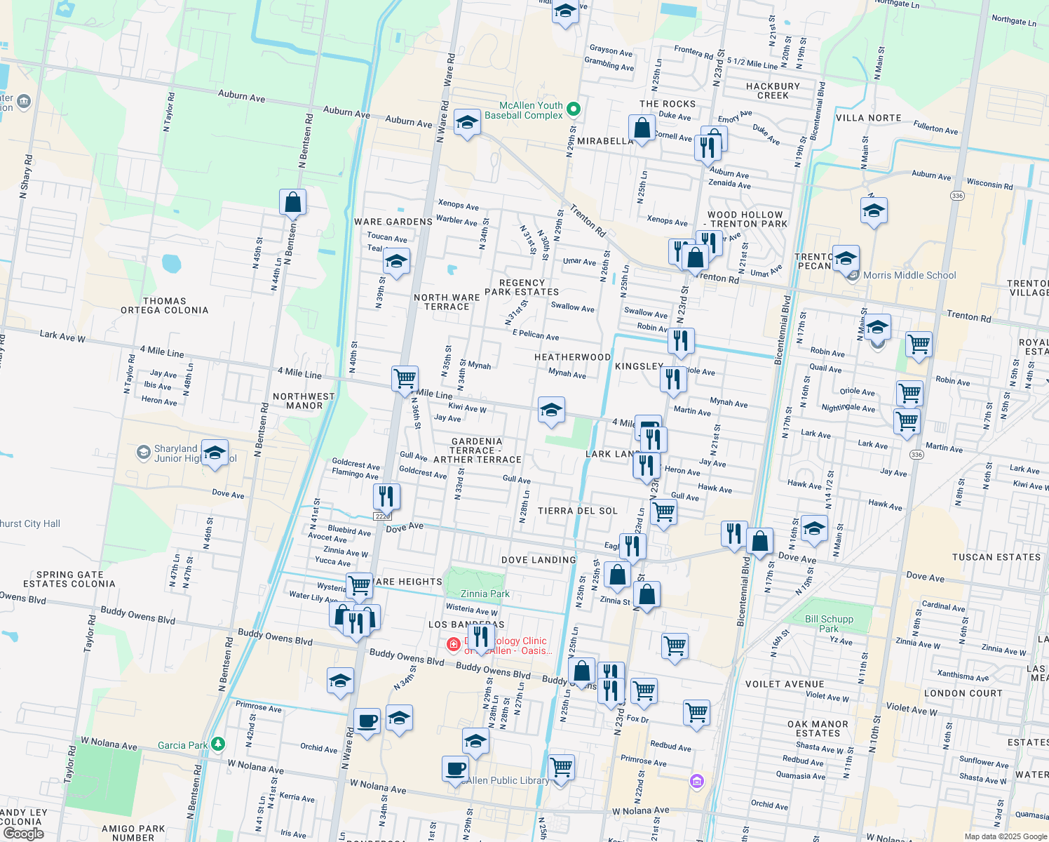 map of restaurants, bars, coffee shops, grocery stores, and more near 6200 North 29th Lane in McAllen