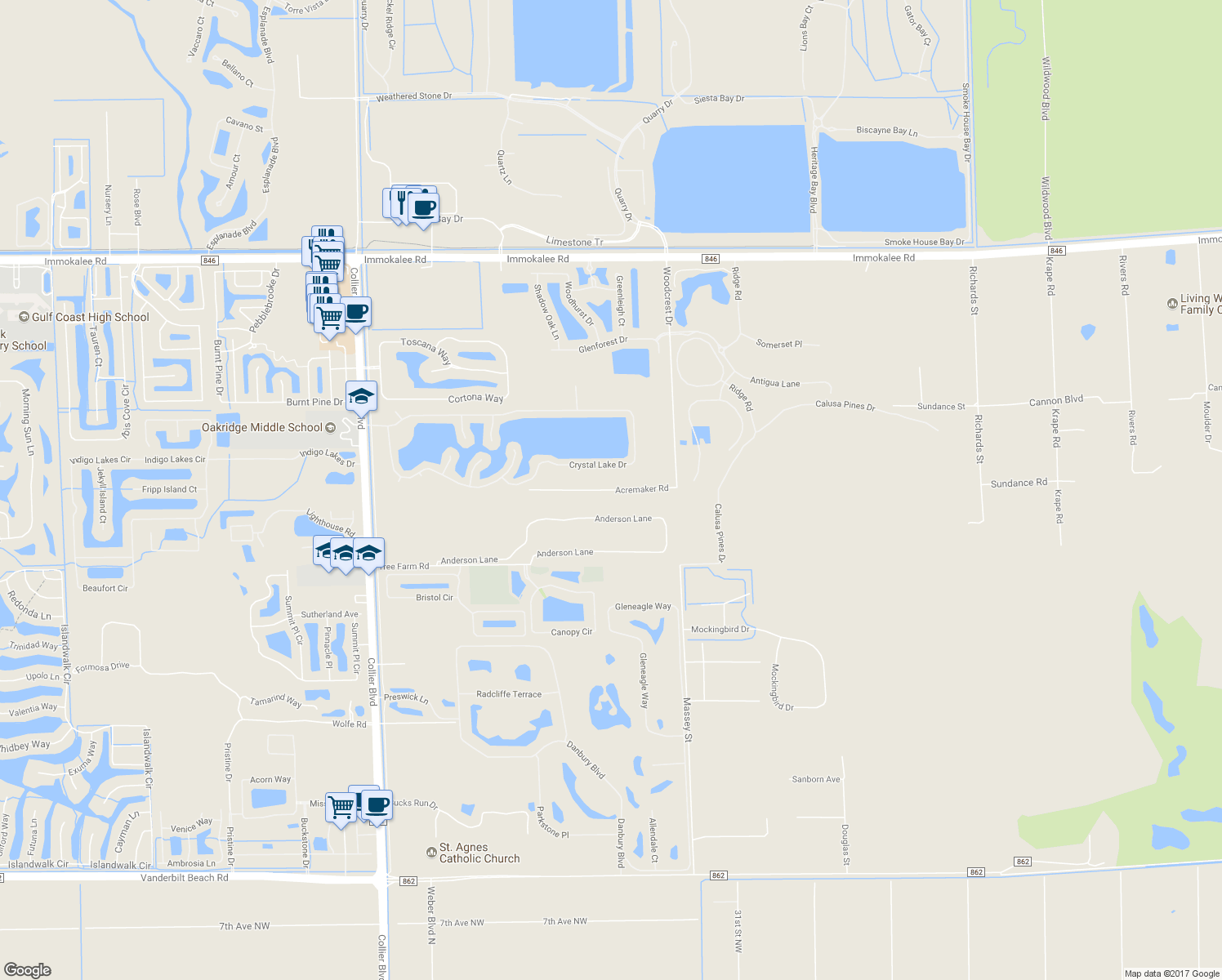 map of restaurants, bars, coffee shops, grocery stores, and more near 1768 Acremaker Road in Naples