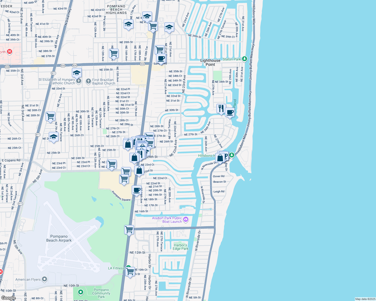 map of restaurants, bars, coffee shops, grocery stores, and more near 2328 Northeast 25th Street in Lighthouse Point