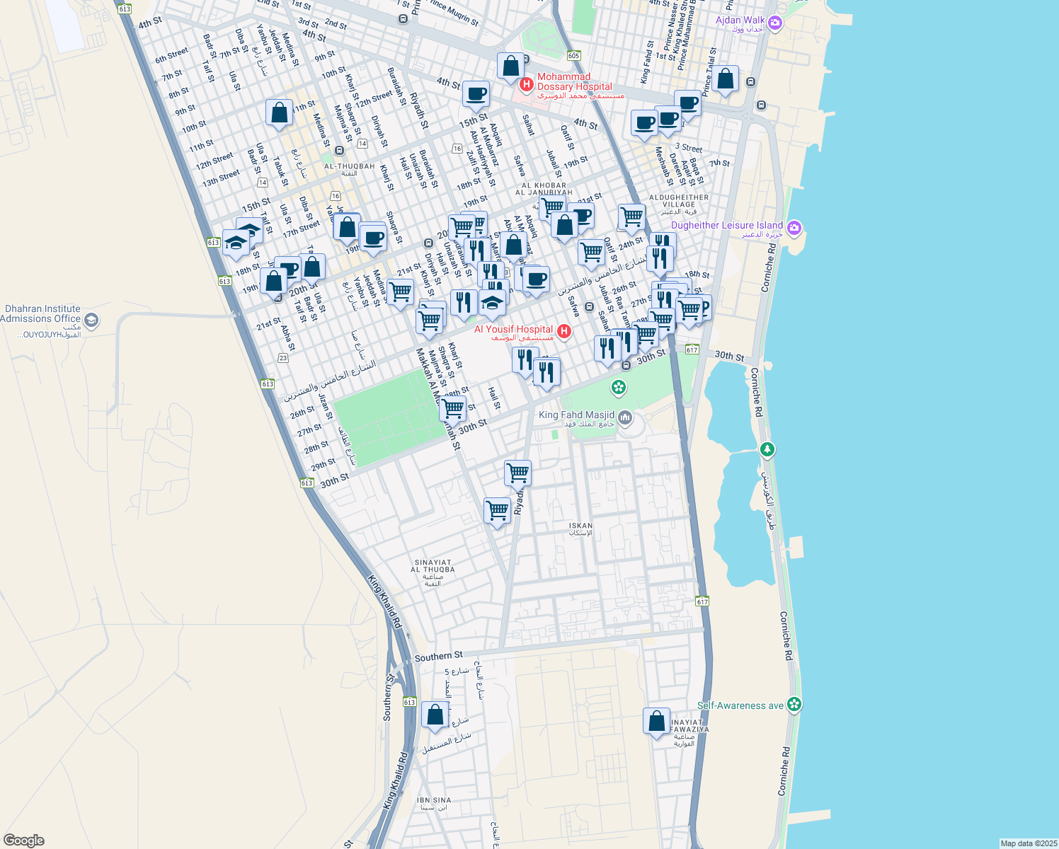 map of restaurants, bars, coffee shops, grocery stores, and more near 11551 Riyadh Street in Al Khobar