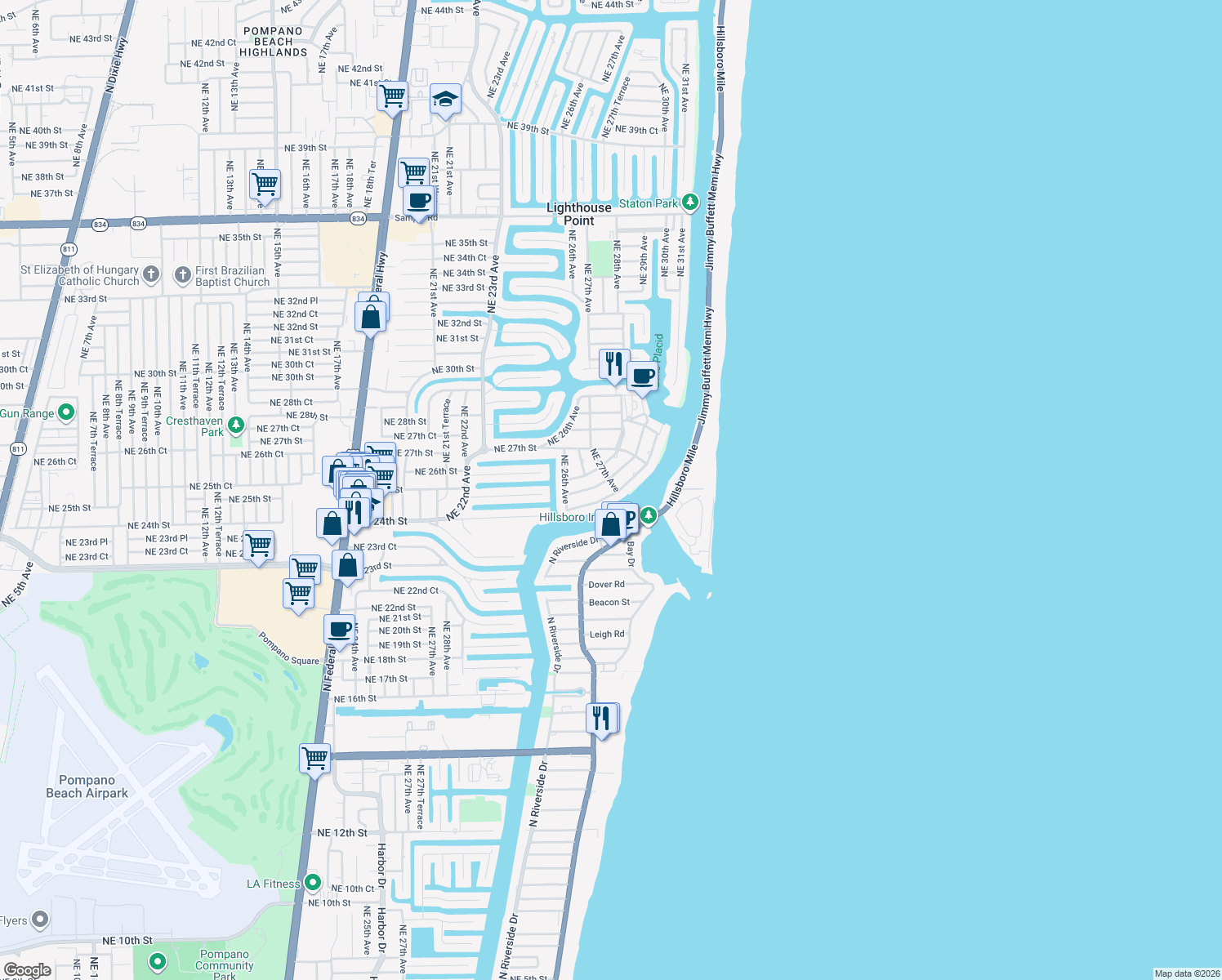 map of restaurants, bars, coffee shops, grocery stores, and more near 2675 Northeast 24th Street in Lighthouse Point