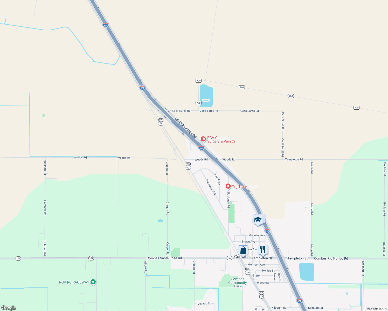 map of restaurants, bars, coffee shops, grocery stores, and more near 17439 Woods Rd in Harlingen
