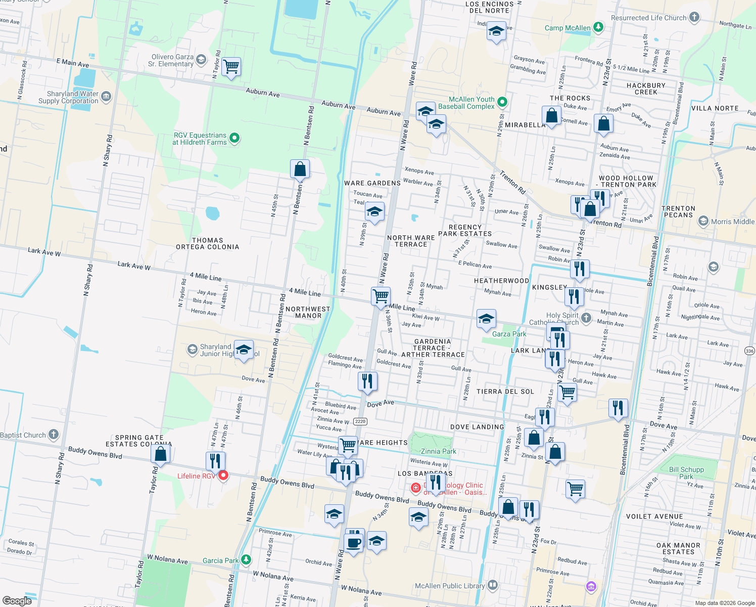 map of restaurants, bars, coffee shops, grocery stores, and more near 4 Mile Line in McAllen
