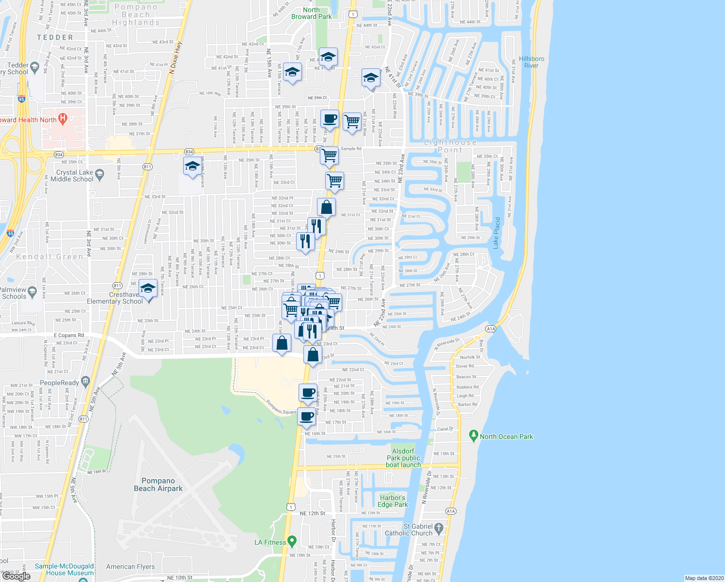 map of restaurants, bars, coffee shops, grocery stores, and more near 2070 Northeast 27th Street in Lighthouse Point