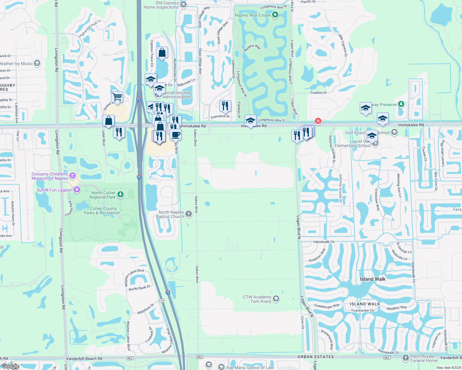 map of restaurants, bars, coffee shops, grocery stores, and more near 6061 Spanish Oaks Lane in Naples