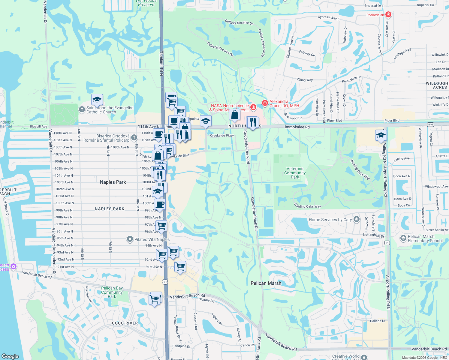 map of restaurants, bars, coffee shops, grocery stores, and more near 9655 Mashie Court in Naples