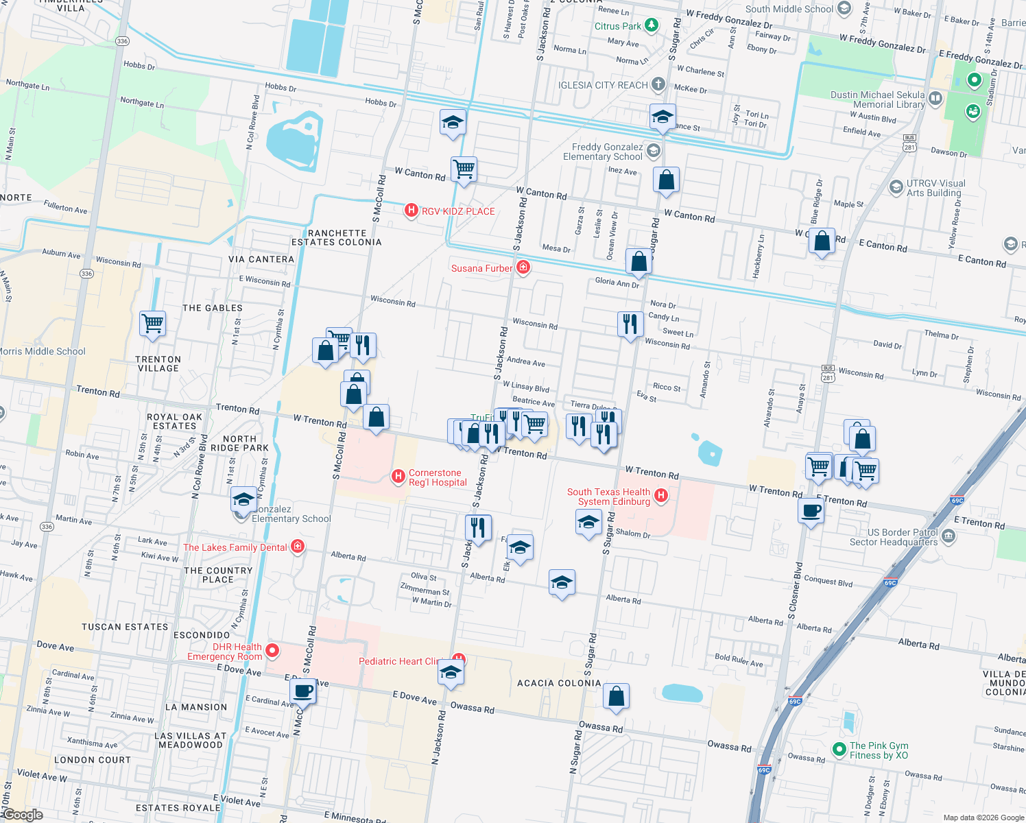 map of restaurants, bars, coffee shops, grocery stores, and more near 3910 S Jackson Rd in Edinburg