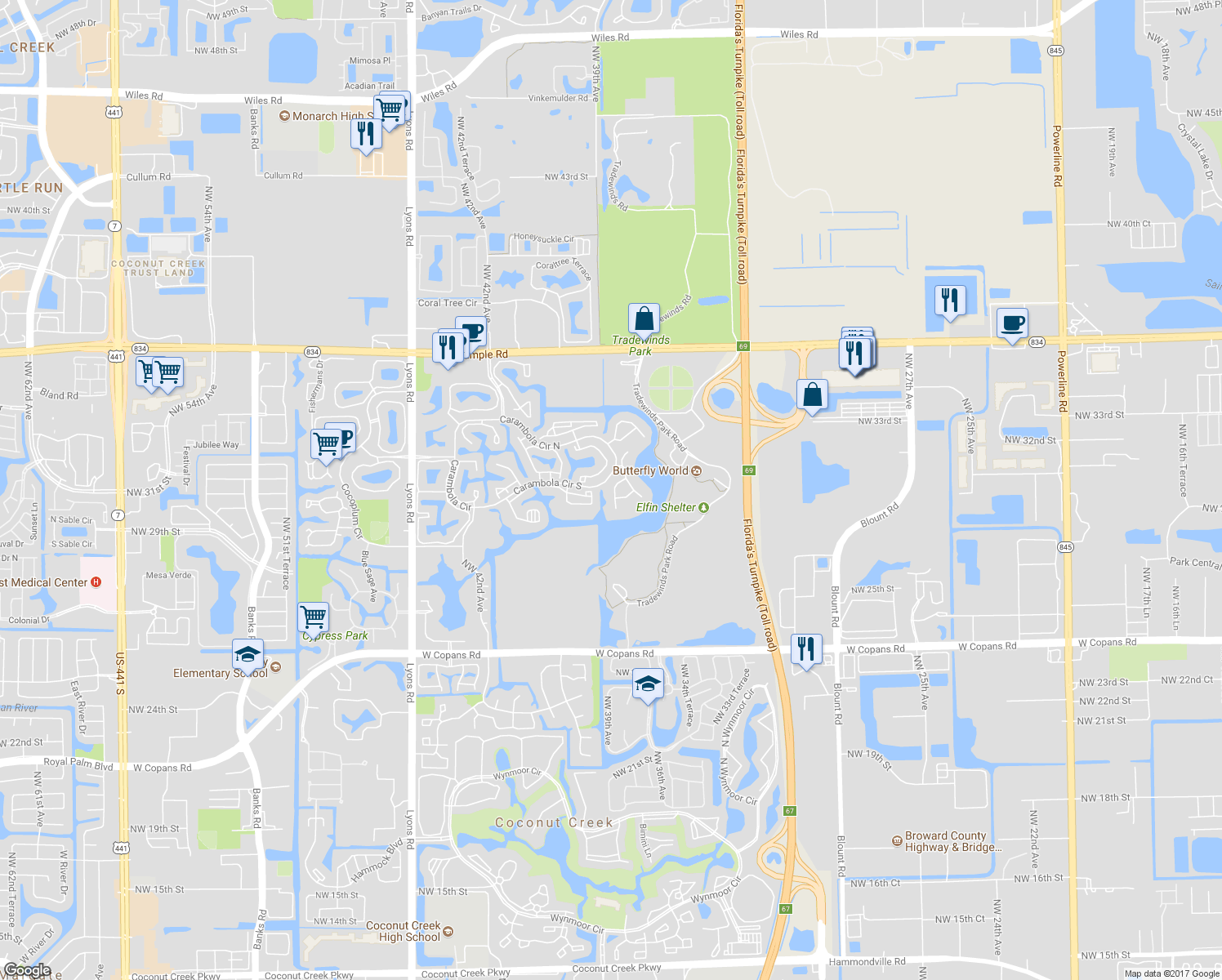 map of restaurants, bars, coffee shops, grocery stores, and more near 2778 Carambola Circle South in Coconut Creek