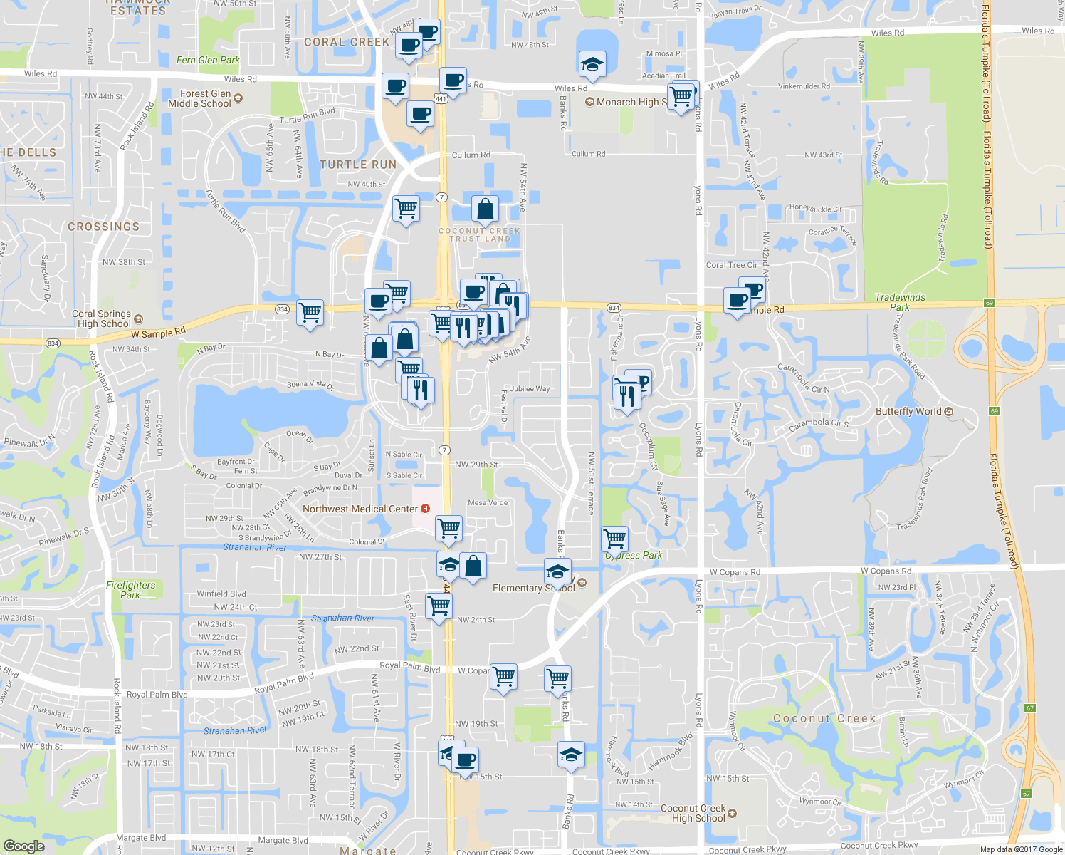 map of restaurants, bars, coffee shops, grocery stores, and more near 5361 Northwest 31st Street in Margate