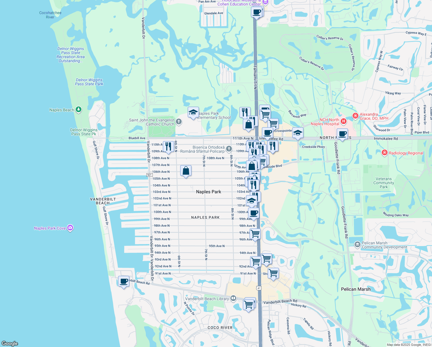 map of restaurants, bars, coffee shops, grocery stores, and more near 740 106th Avenue North in Naples