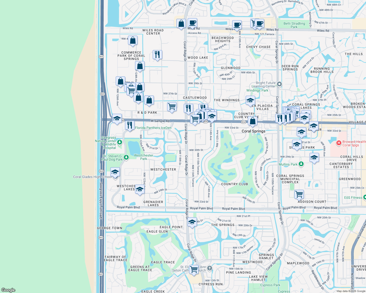 map of restaurants, bars, coffee shops, grocery stores, and more near 11775 Northwest 30th Street in Coral Springs