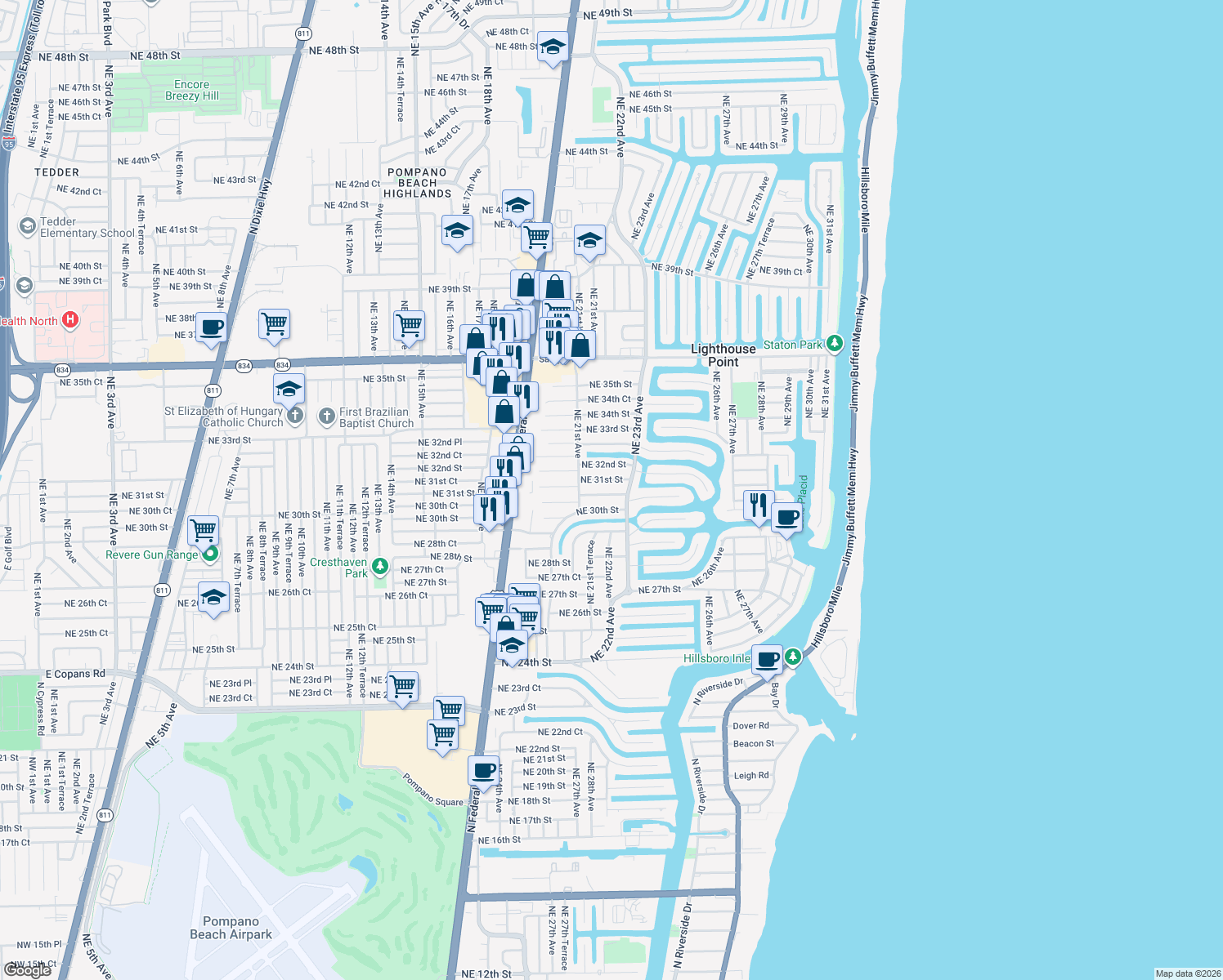 map of restaurants, bars, coffee shops, grocery stores, and more near 2233 Northeast 30th Court in Lighthouse Point