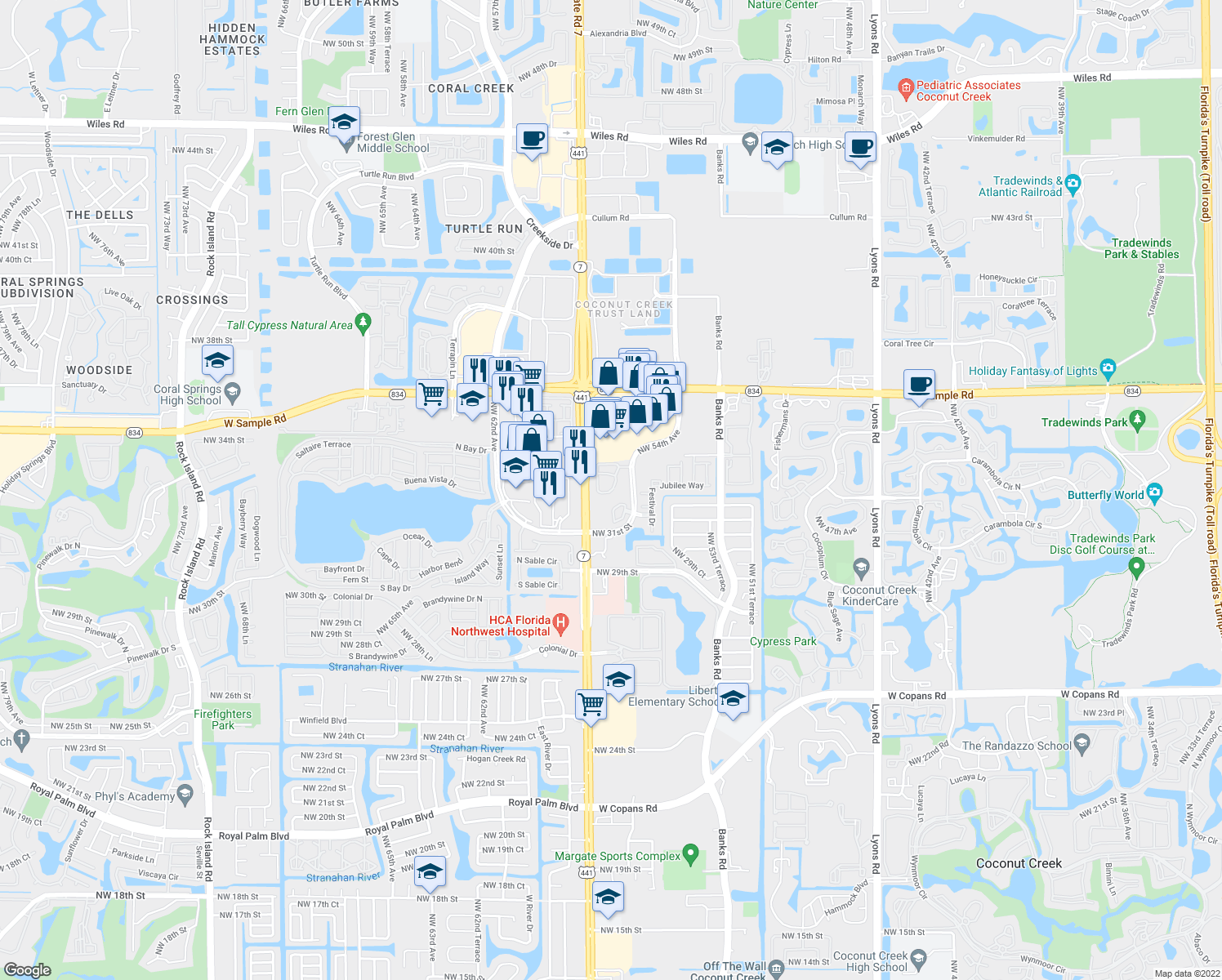 map of restaurants, bars, coffee shops, grocery stores, and more near 3166 Merrick Terrace in Margate