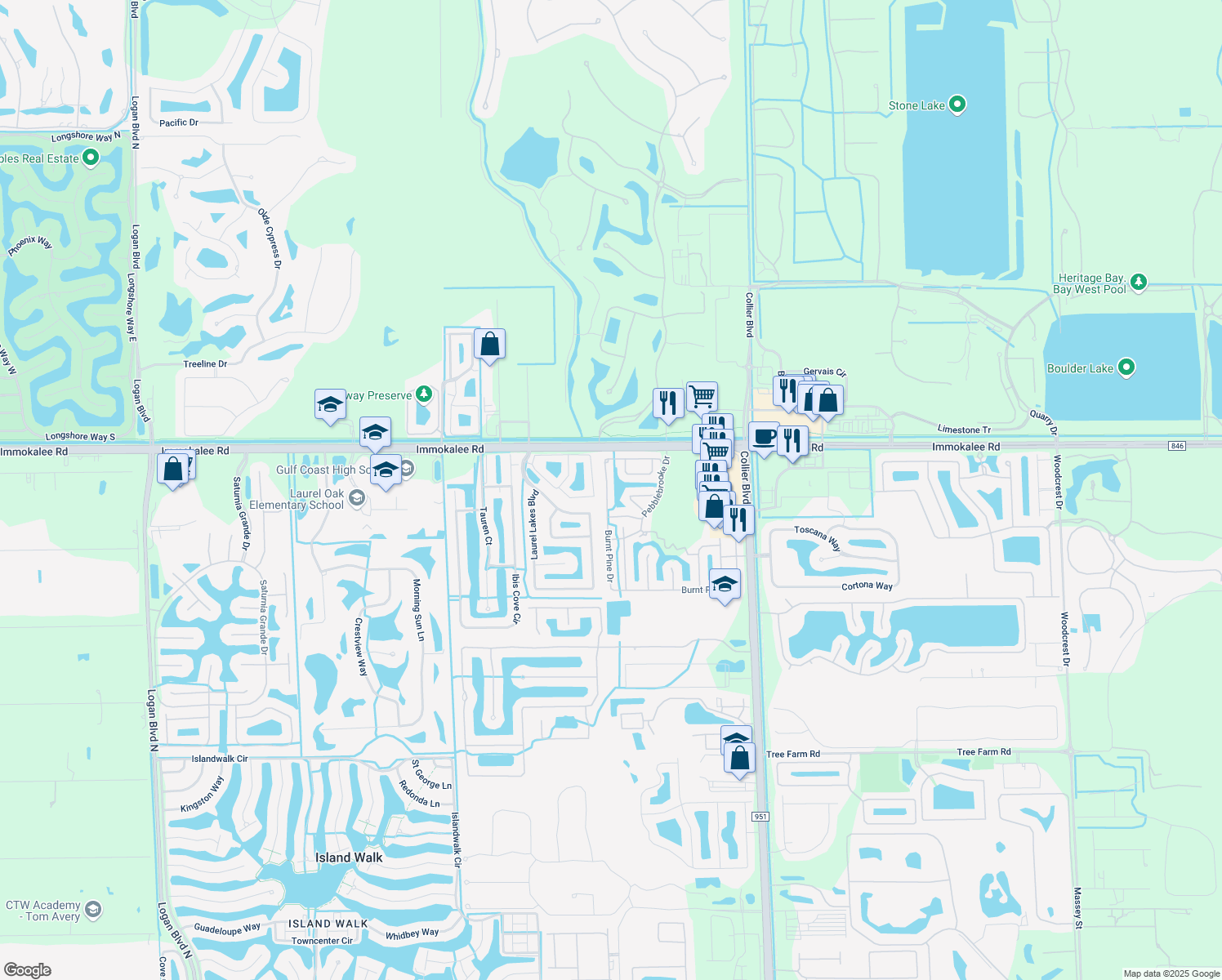 map of restaurants, bars, coffee shops, grocery stores, and more near 126 Burnt Pine Drive in Naples