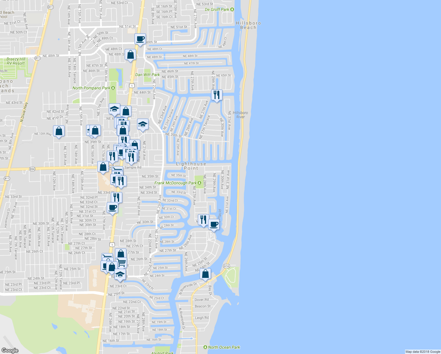 map of restaurants, bars, coffee shops, grocery stores, and more near 3489 Northeast 30th Avenue in Lighthouse Point