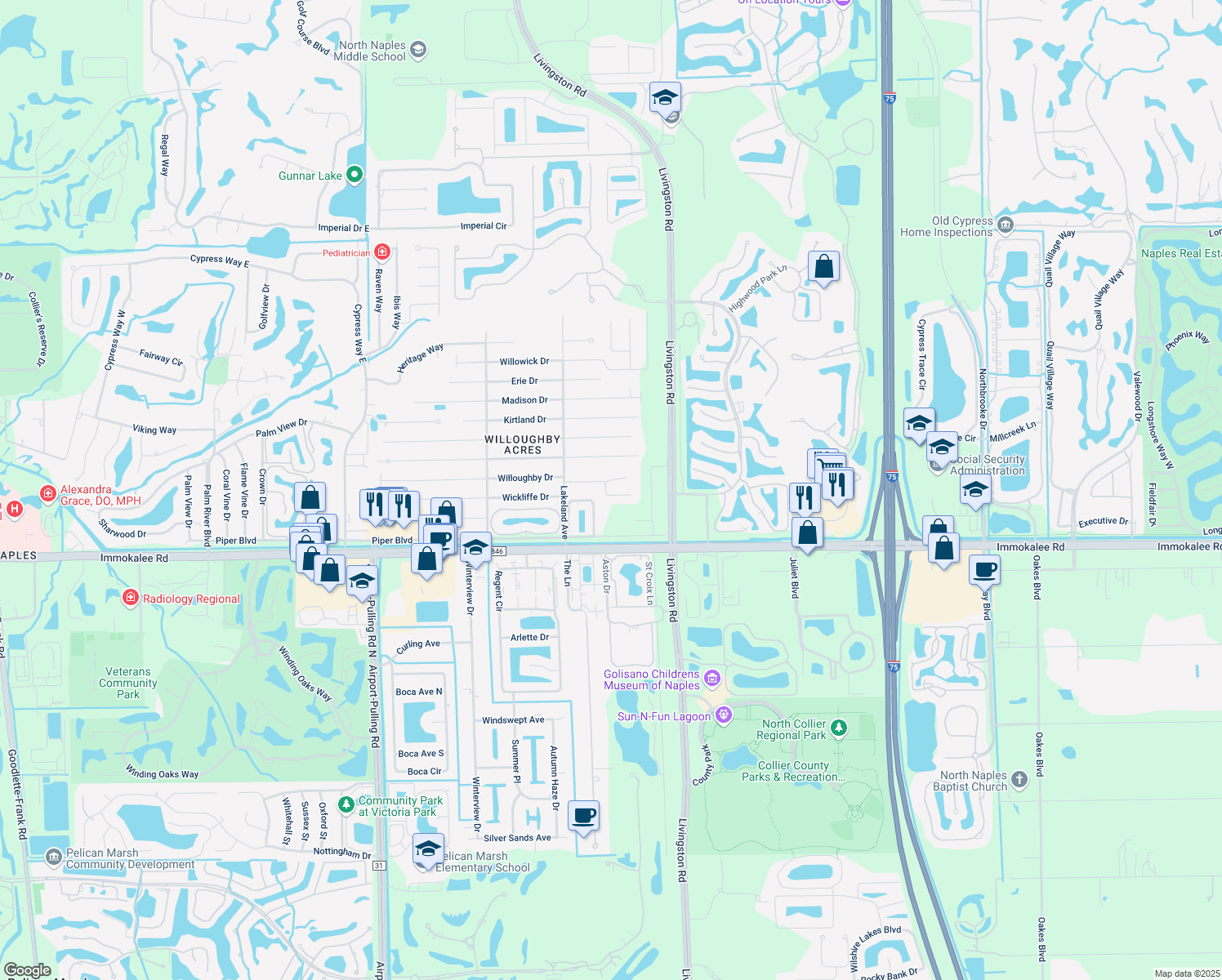 map of restaurants, bars, coffee shops, grocery stores, and more near 257 Willoughby Drive in Naples