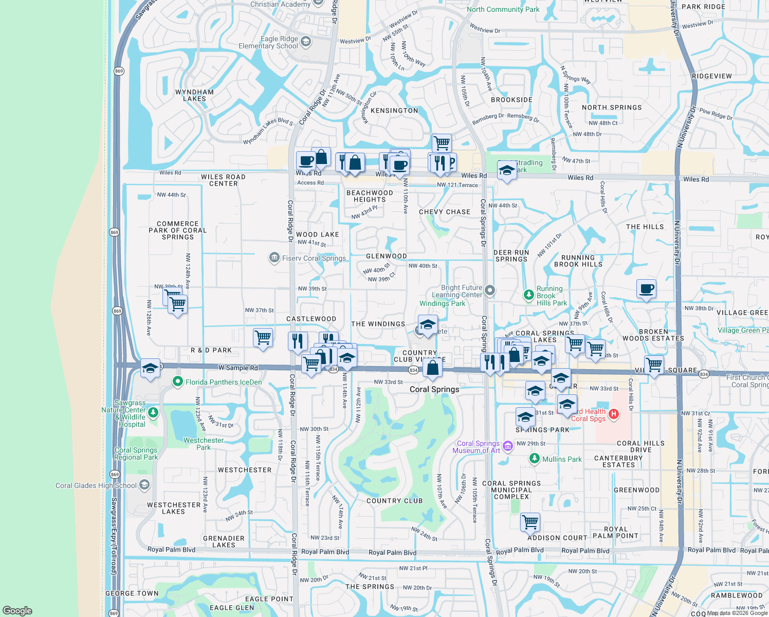 map of restaurants, bars, coffee shops, grocery stores, and more near 11130 Northwest 38th Street in Coral Springs